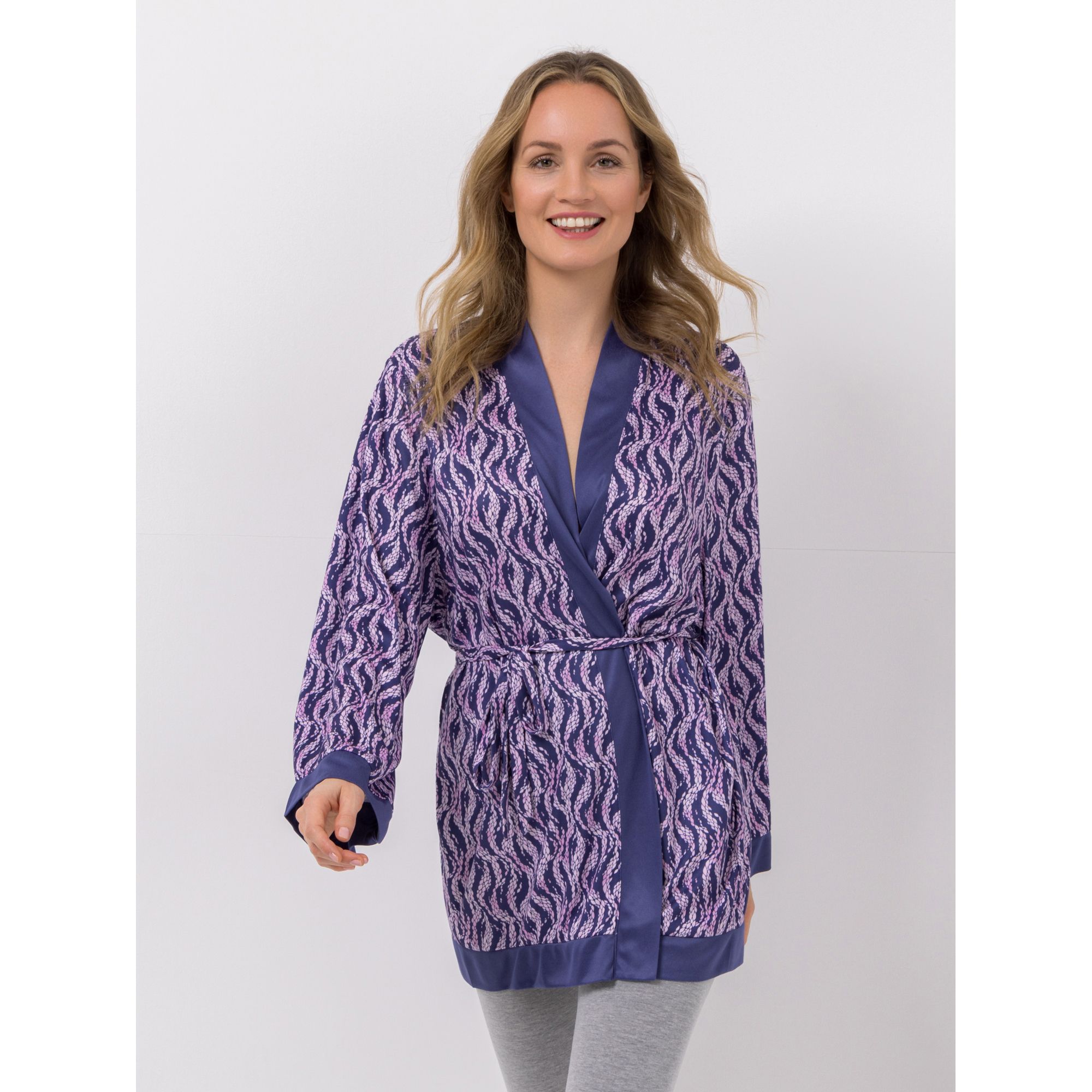 JERYMOOD HOMEWEAR Kimono Mikrofaser offene Front Kontrastblenden