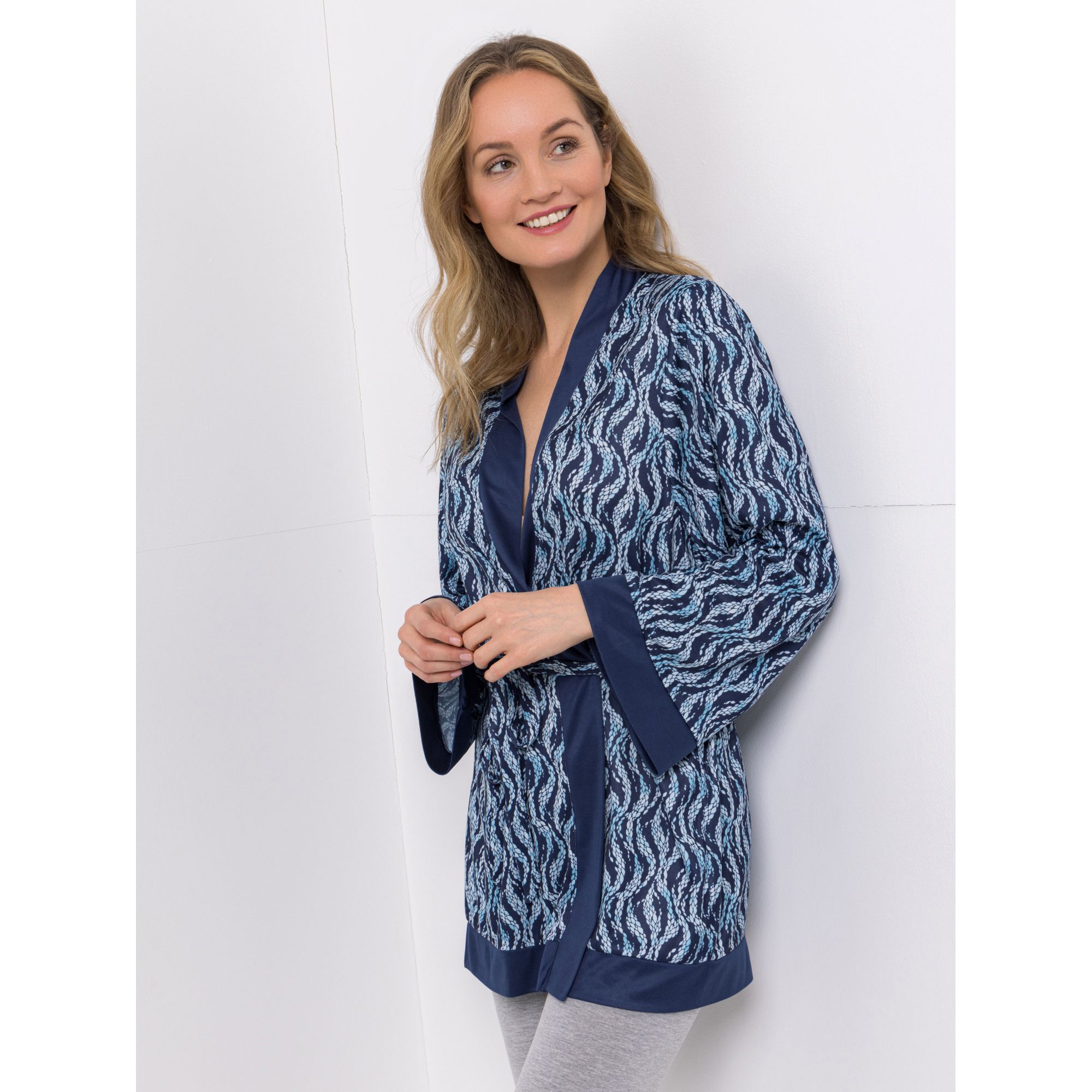 JERYMOOD HOMEWEAR Kimono Mikrofaser offene Front Kontrastblenden