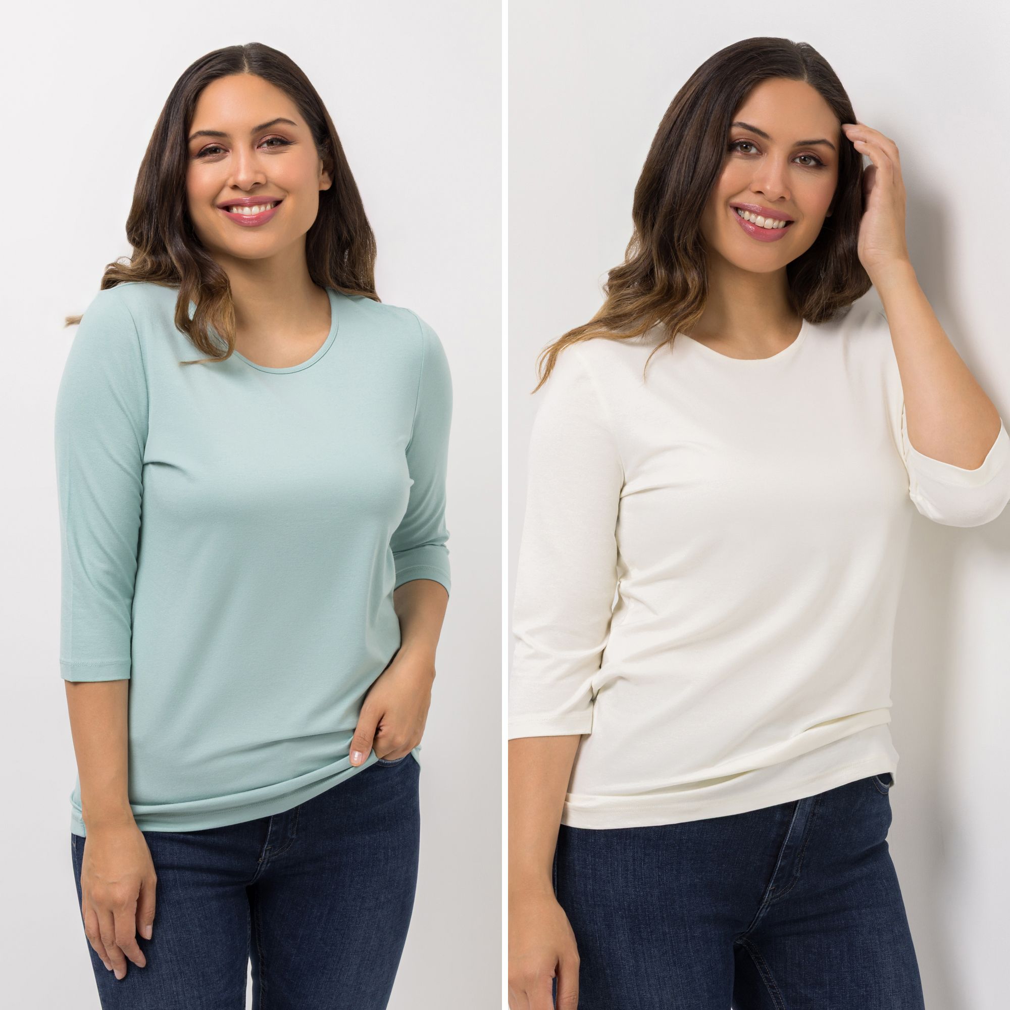 DENIM & CO. 2 Shirts 3/4-Arm Rundhalsausschnitt Farbauswahl