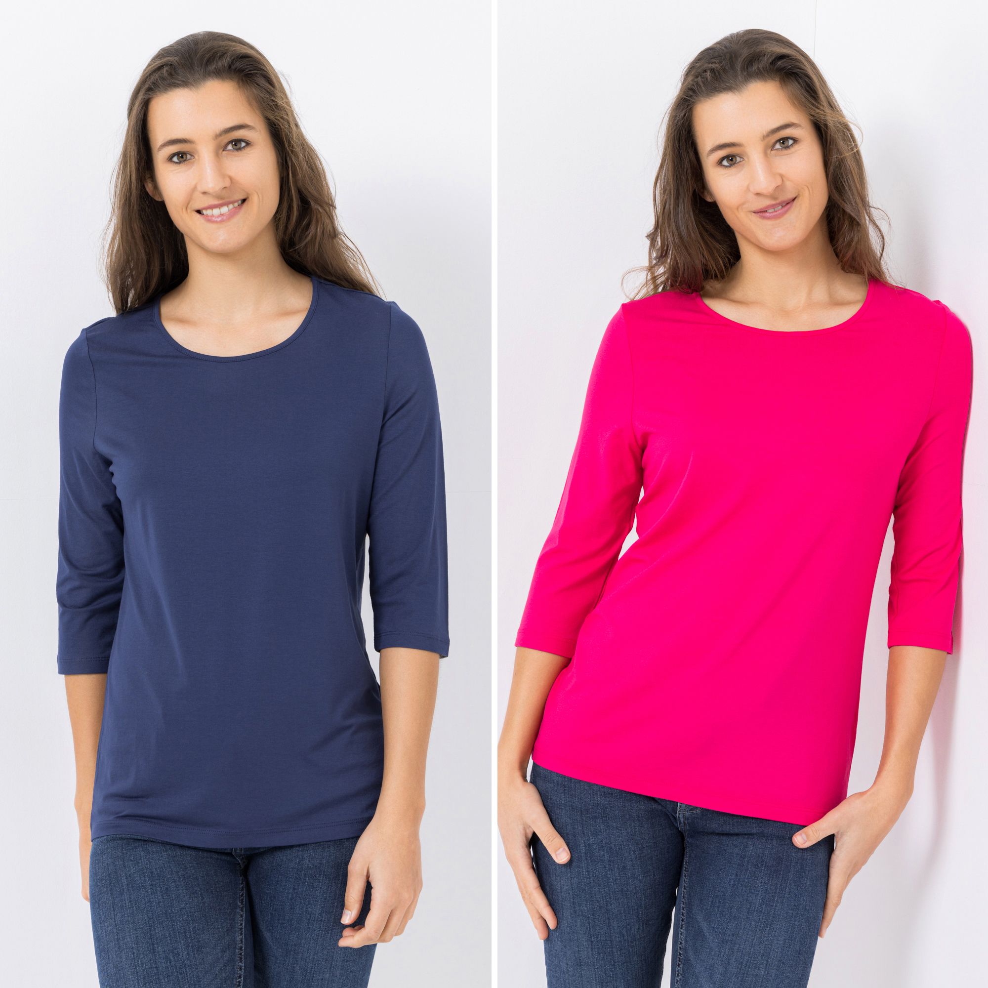 DENIM & CO. 2 Shirts 3/4-Arm Rundhalsausschnitt Farbauswahl