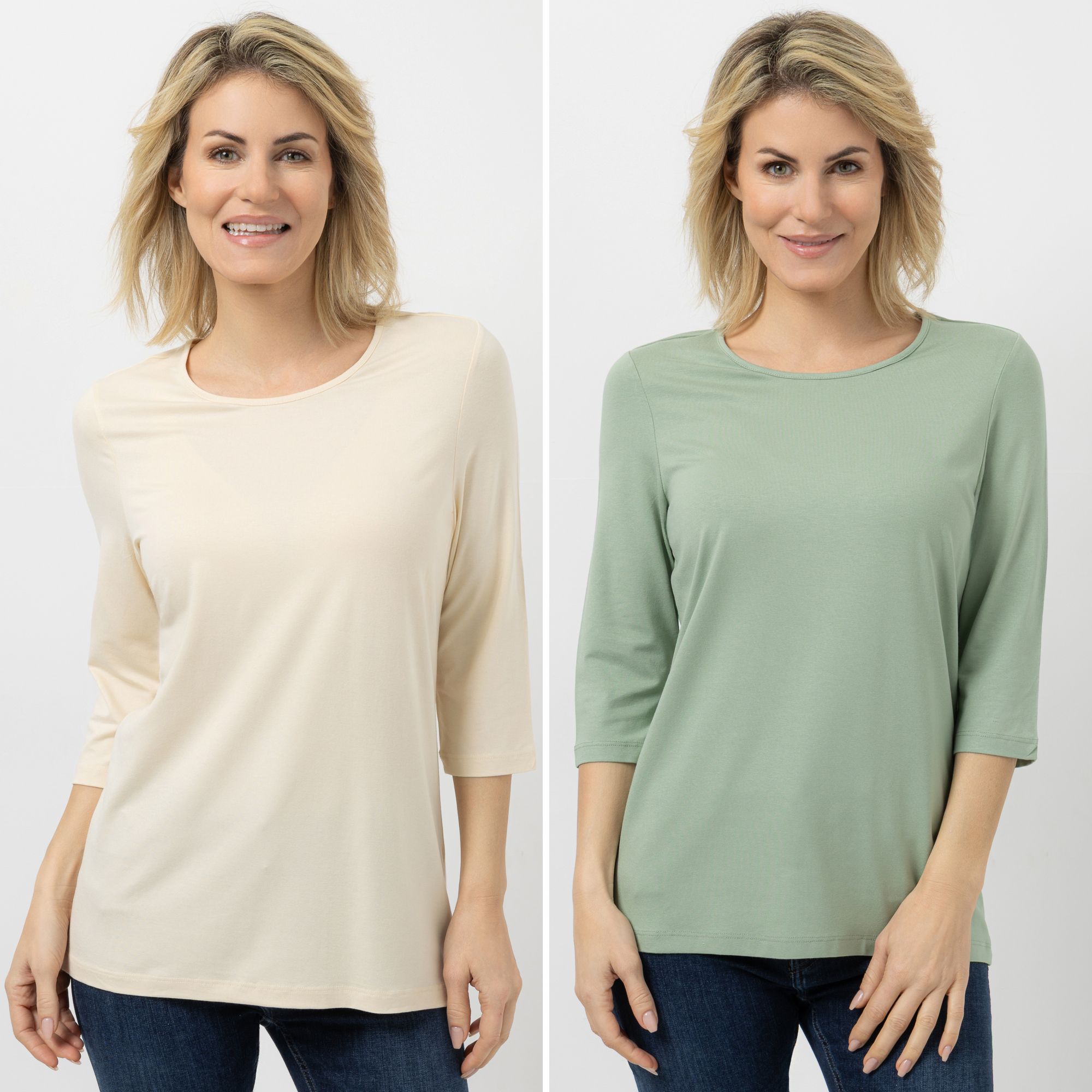 DENIM & CO. 2 Shirts 3/4-Arm Rundhalsausschnitt Farbauswahl