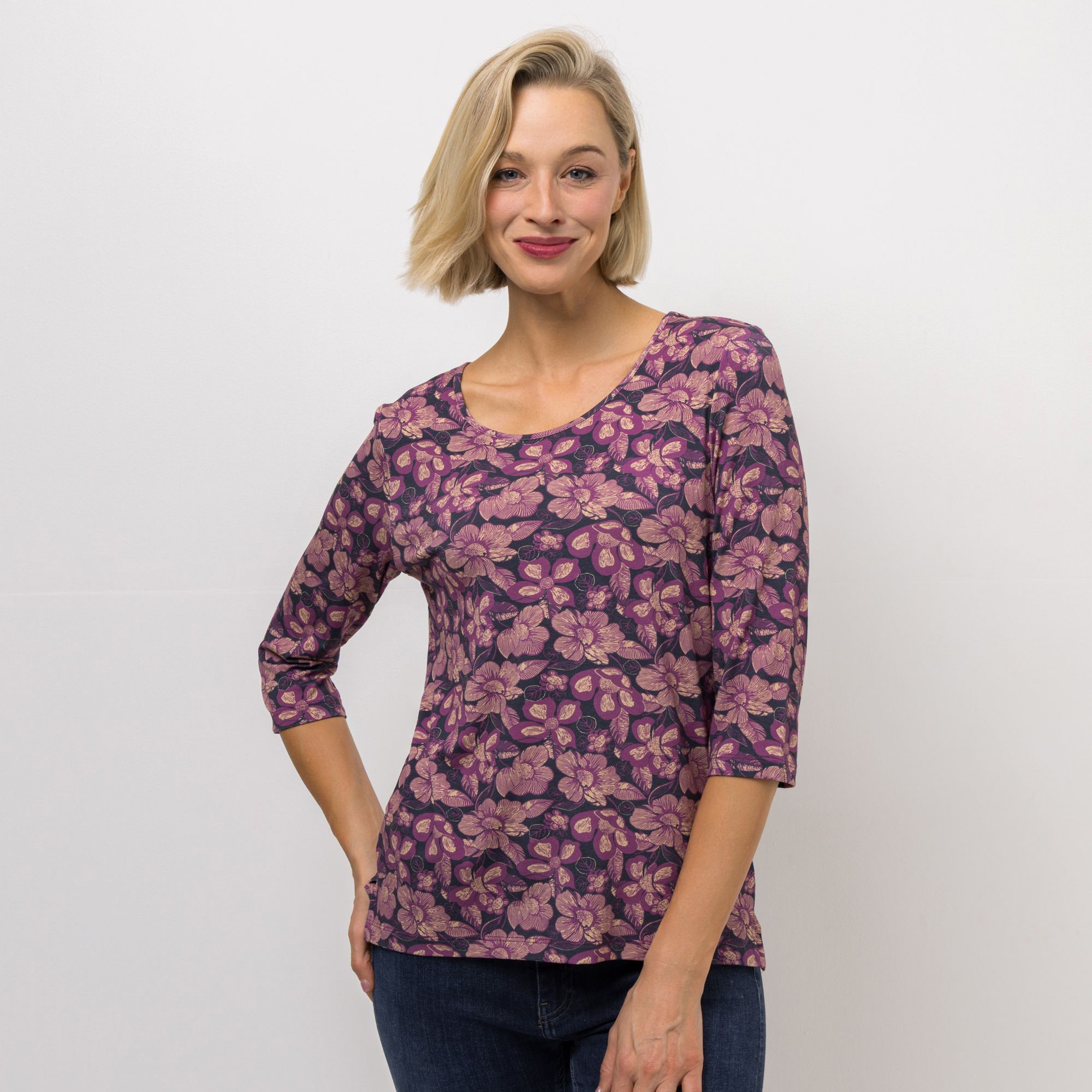 DENIM & CO. Shirt , 3/4-Arm Rundhalsausschnitt Seitenschlitze Allover-Druck