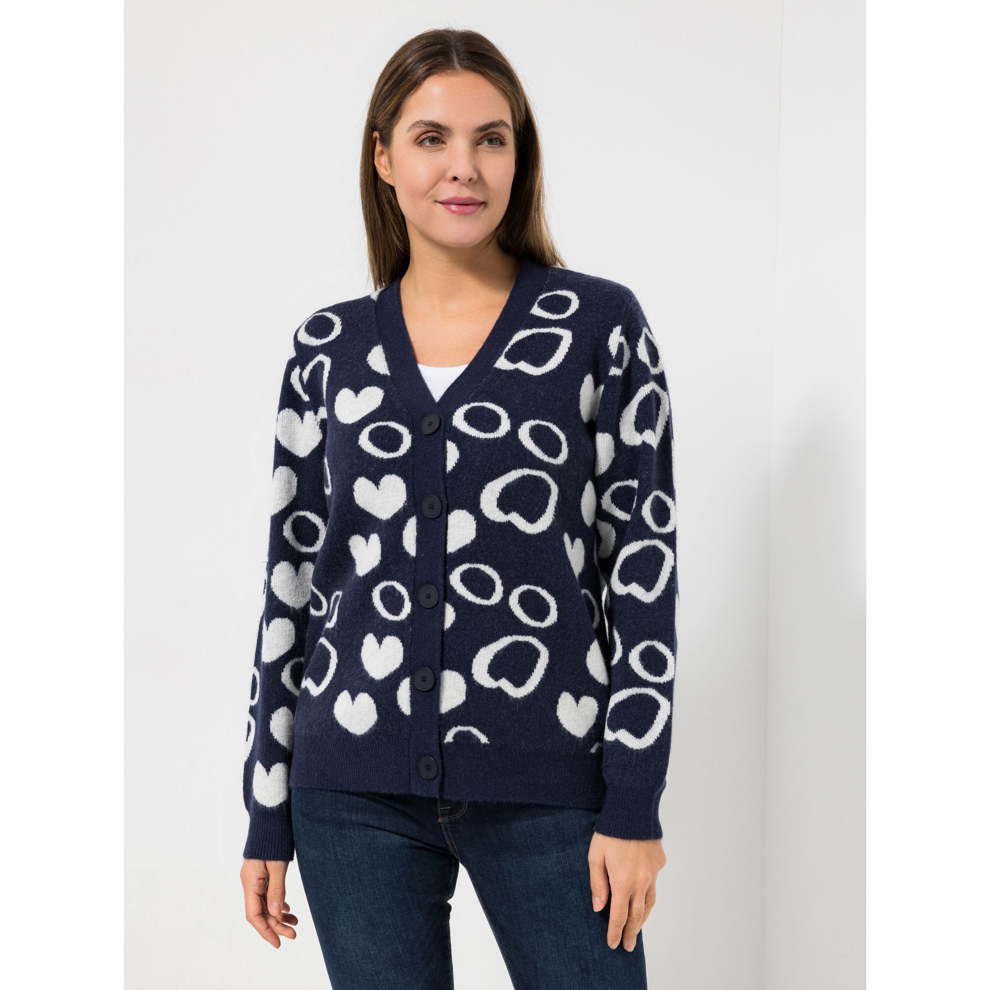 DENIM & CO. Cardigan, 1/1-Arm Rippenbundabschlüsse durchgeknöpft Herzmuster