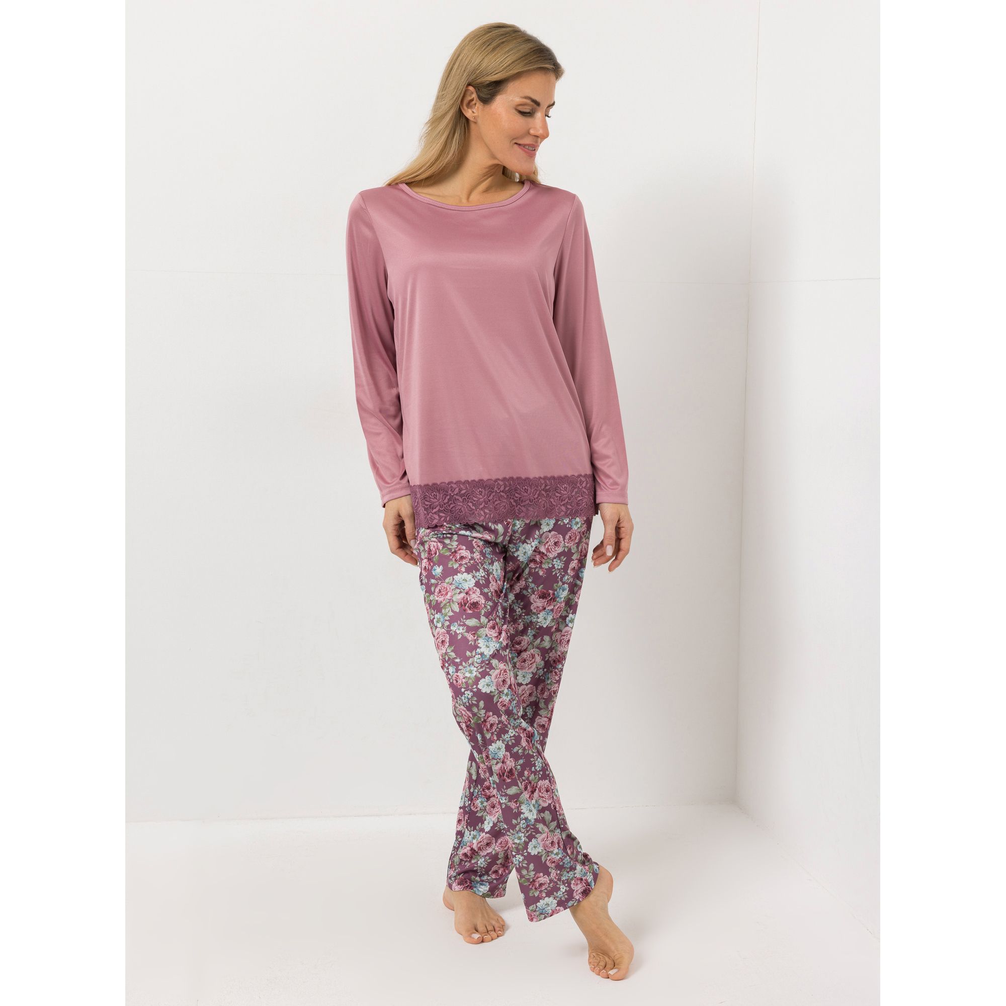 LITTLE ROSE Pyjama Set Mikrofaser Spitzendetails Bootsausschnitt