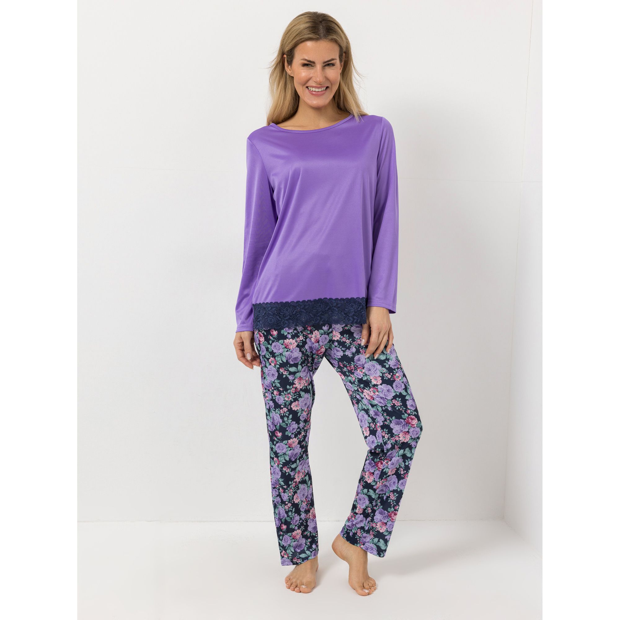 LITTLE ROSE Pyjama Set Mikrofaser Spitzendetails Bootsausschnitt