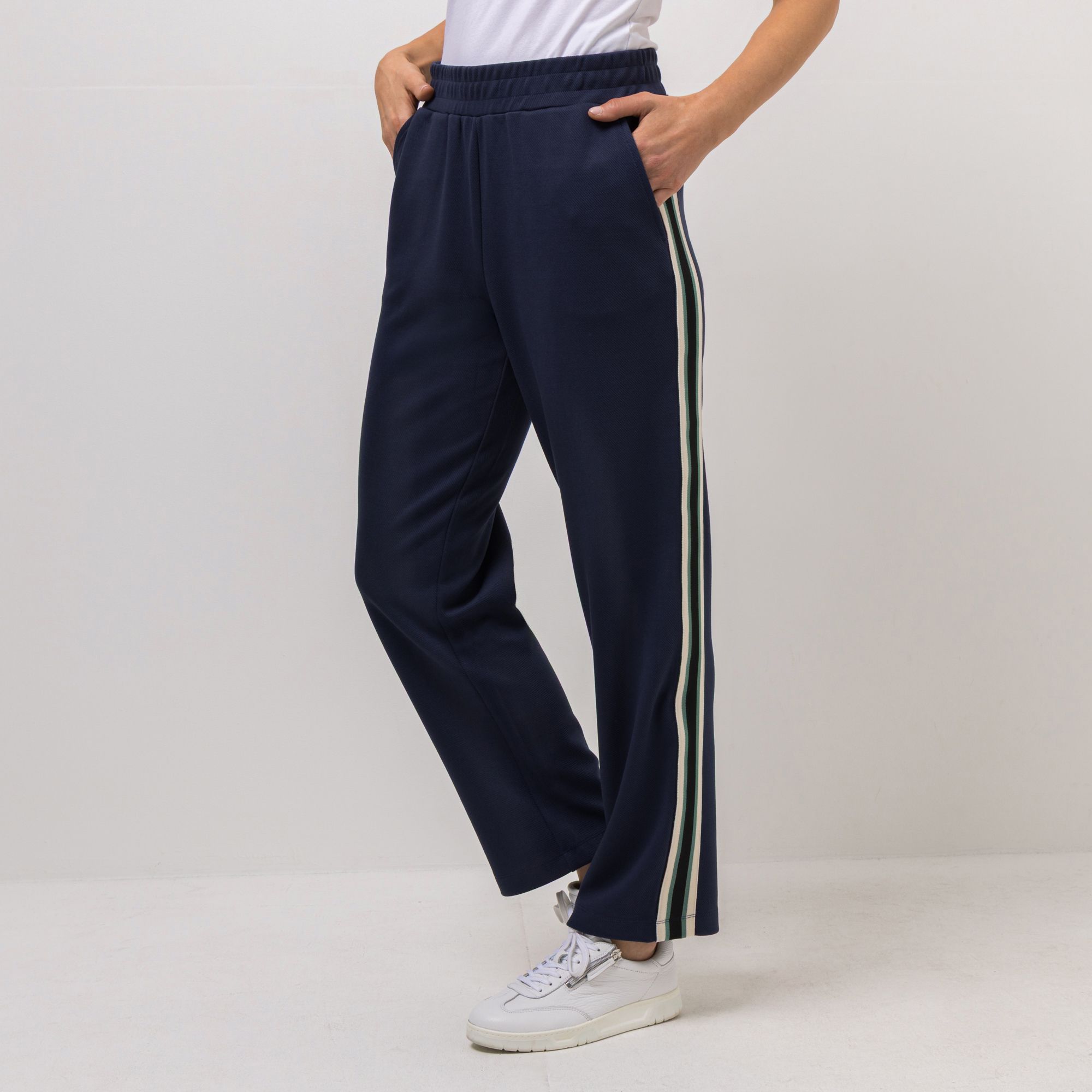 DENIM & CO. Hose, lange Form Rundumdehnbund Galonstreifen konisches Bein