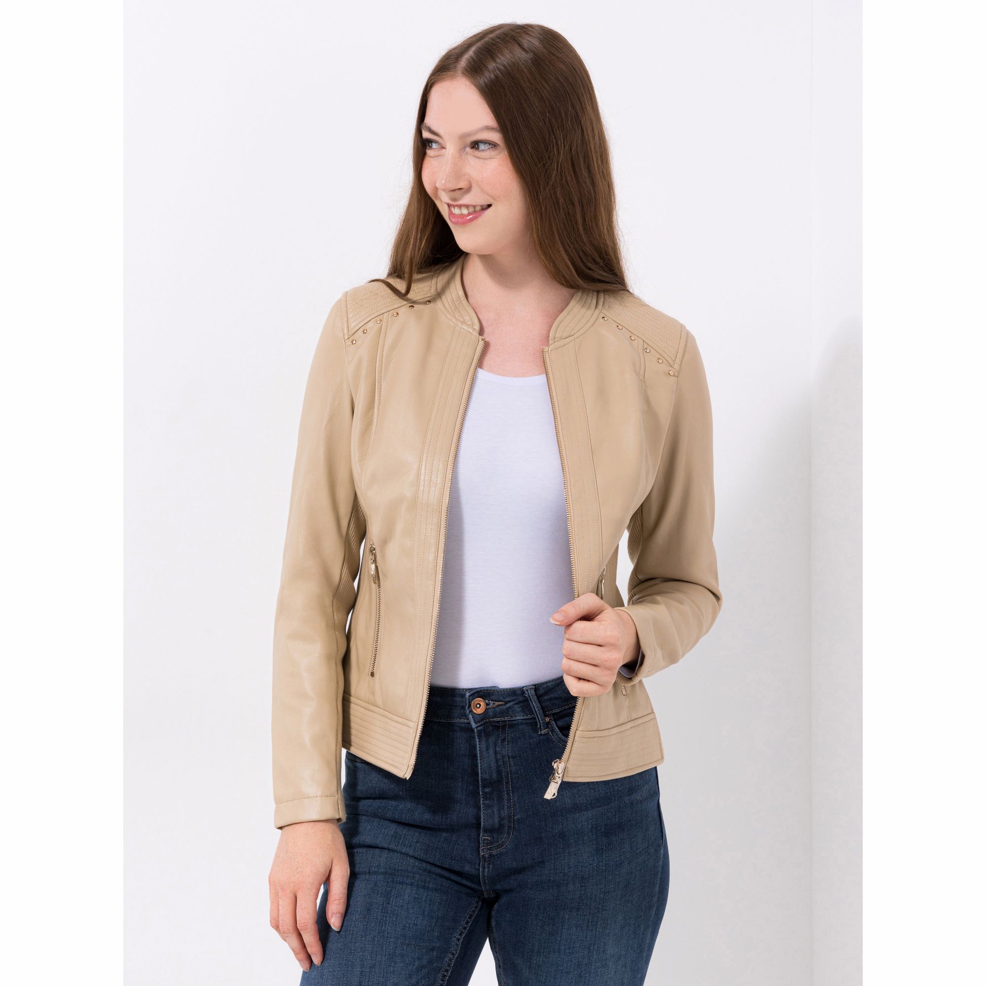 VIA MILANO Jacke, 1/1-Arm Nappaleder-Optik elastische Einsätze figurbetont