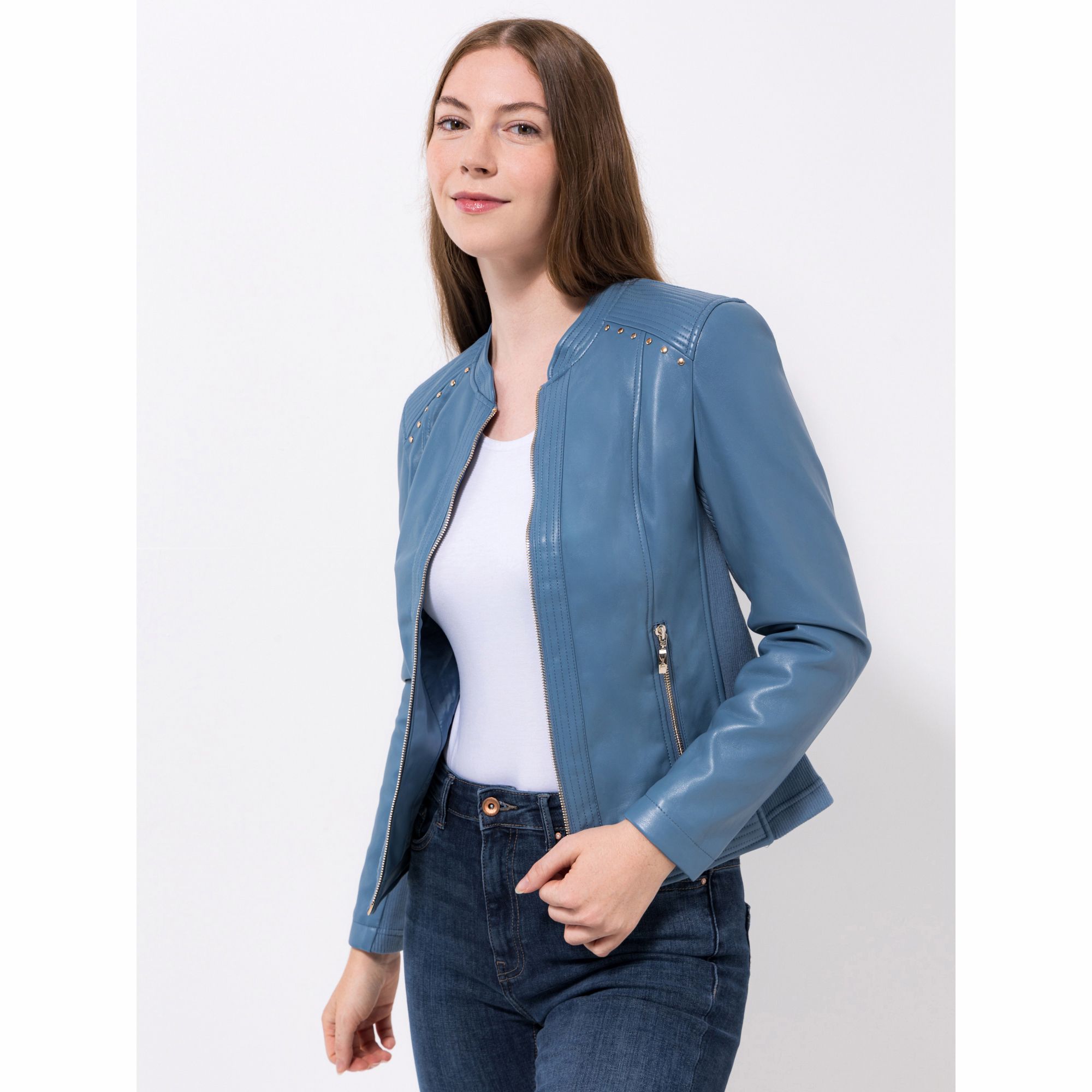 VIA MILANO Jacke, 1/1-Arm Nappaleder-Optik elastische Einsätze figurbetont