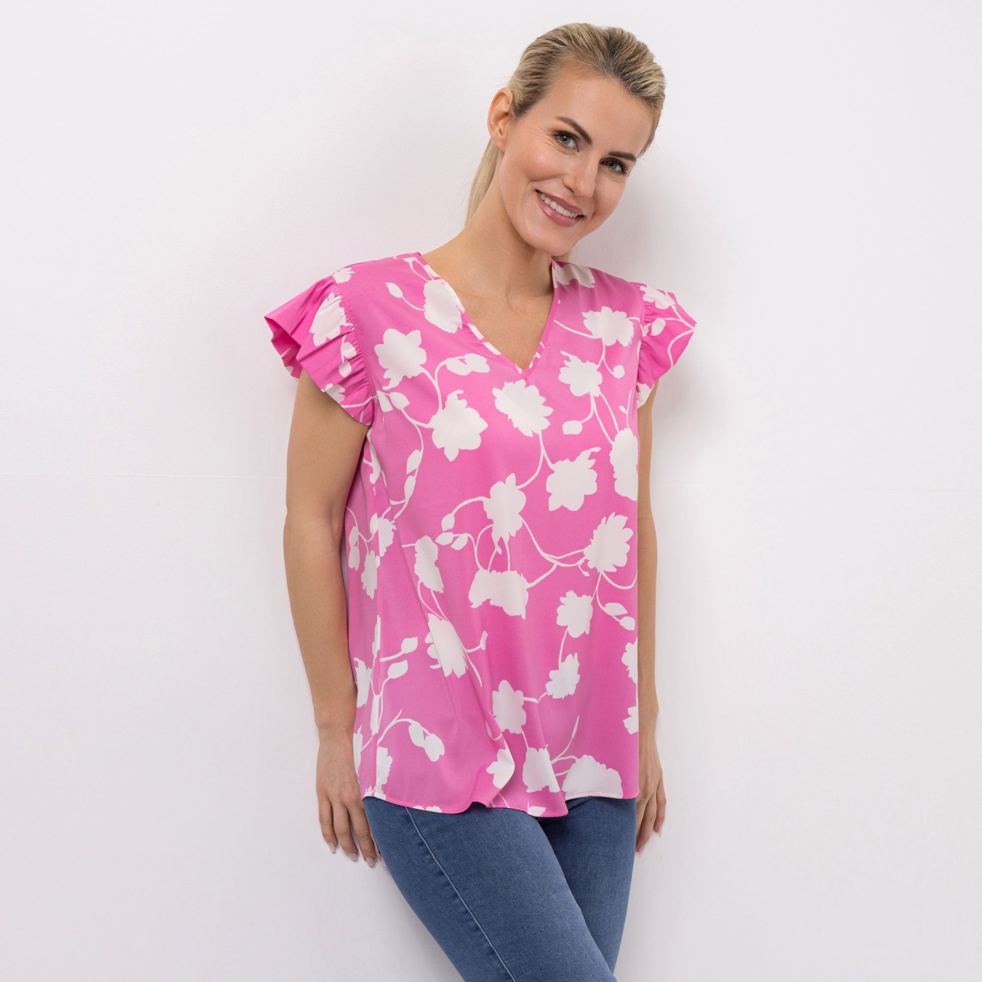 VIA MILANO Bluse, 1/2-Arm V-Ausschnitt Rüschenärmel figurumspielend