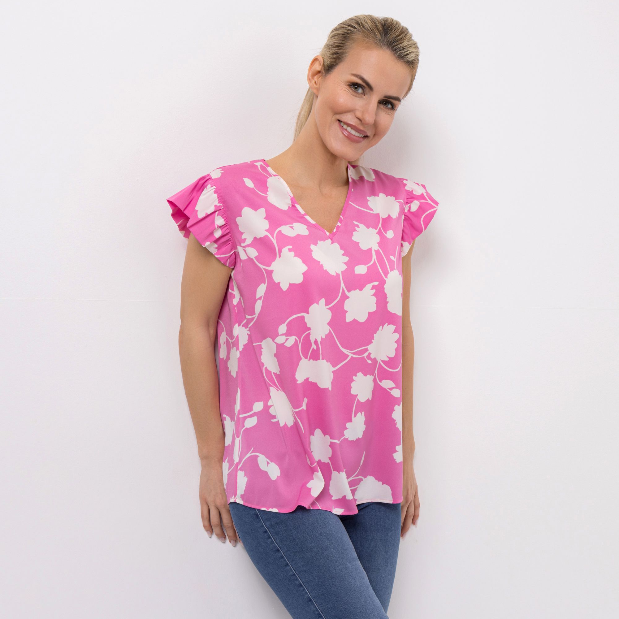 VIA MILANO Bluse, 1/2-Arm V-Ausschnitt Rüschenärmel figurumspielend