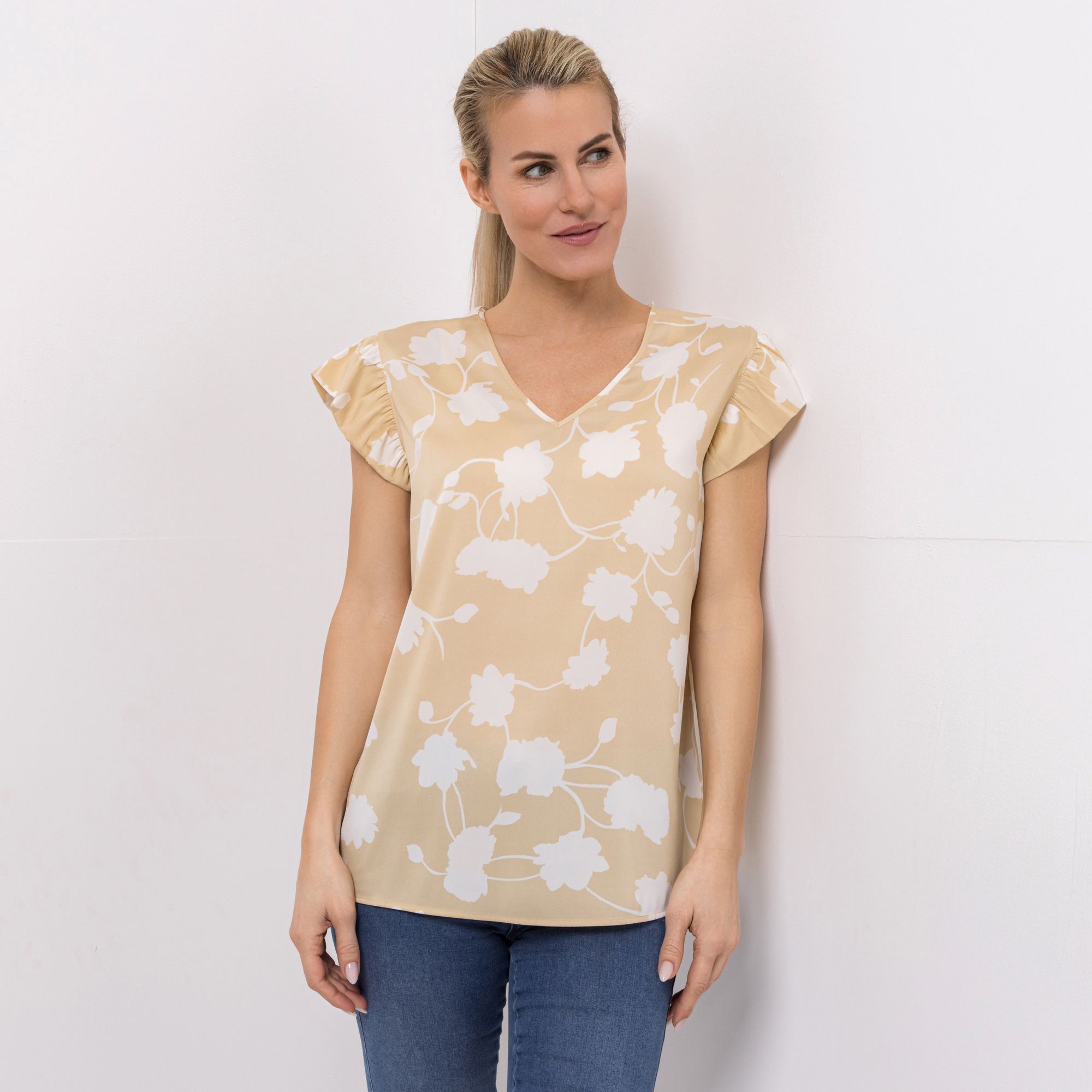 VIA MILANO Bluse, 1/2-Arm V-Ausschnitt Rüschenärmel figurumspielend