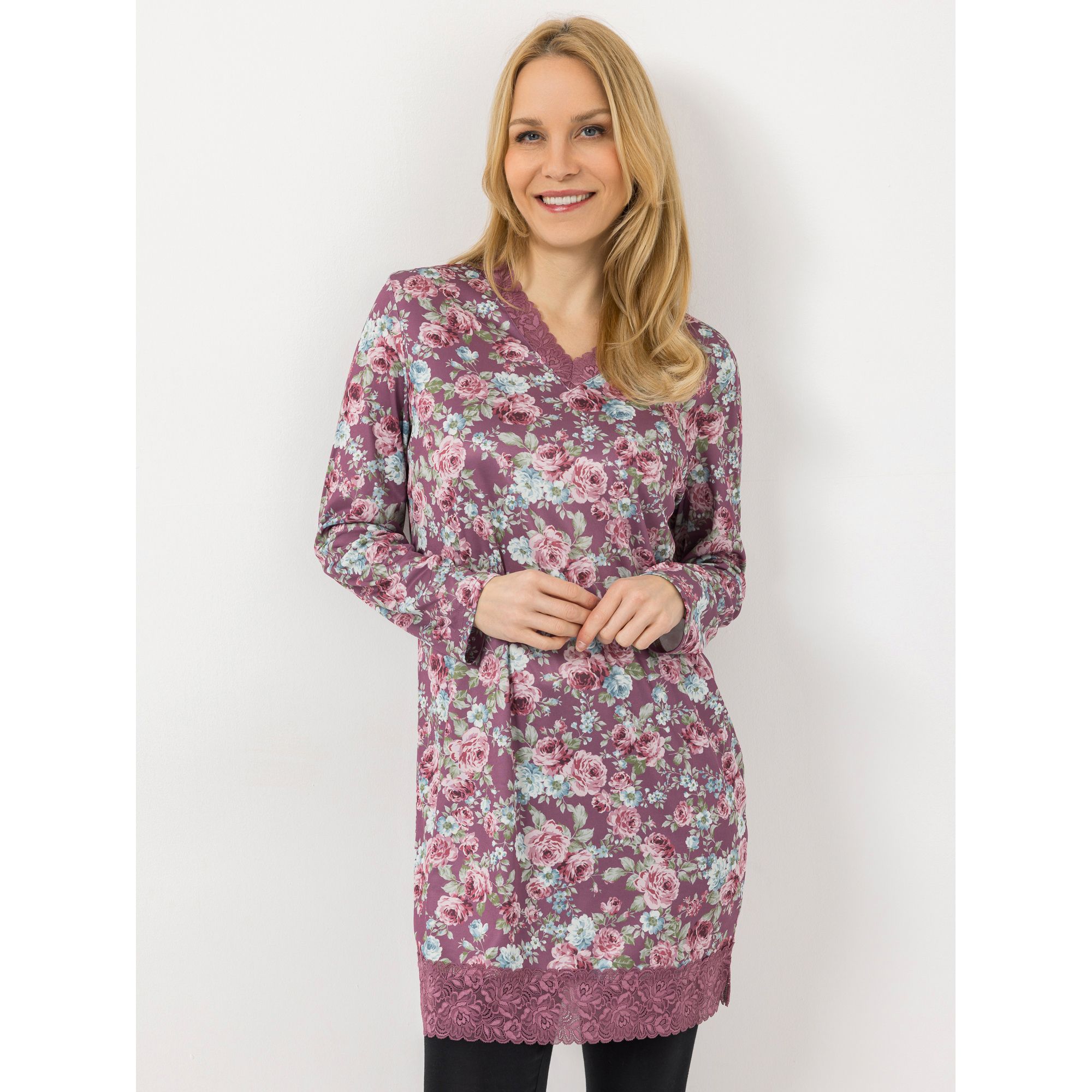 LITTLE ROSE Bigshirt, 1/1-Arm Mikrofaser V-Ausschnitt Spitzendetails