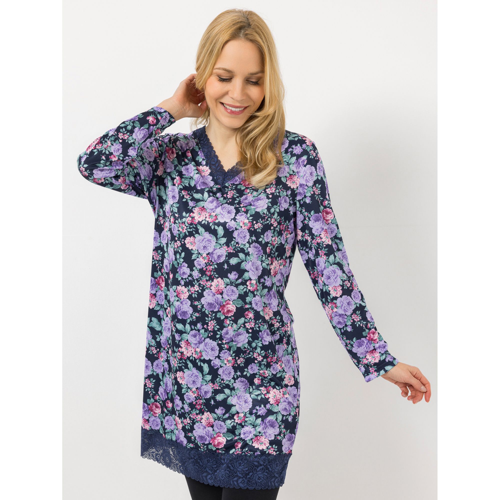 LITTLE ROSE Bigshirt, 1/1-Arm Mikrofaser V-Ausschnitt Spitzendetails