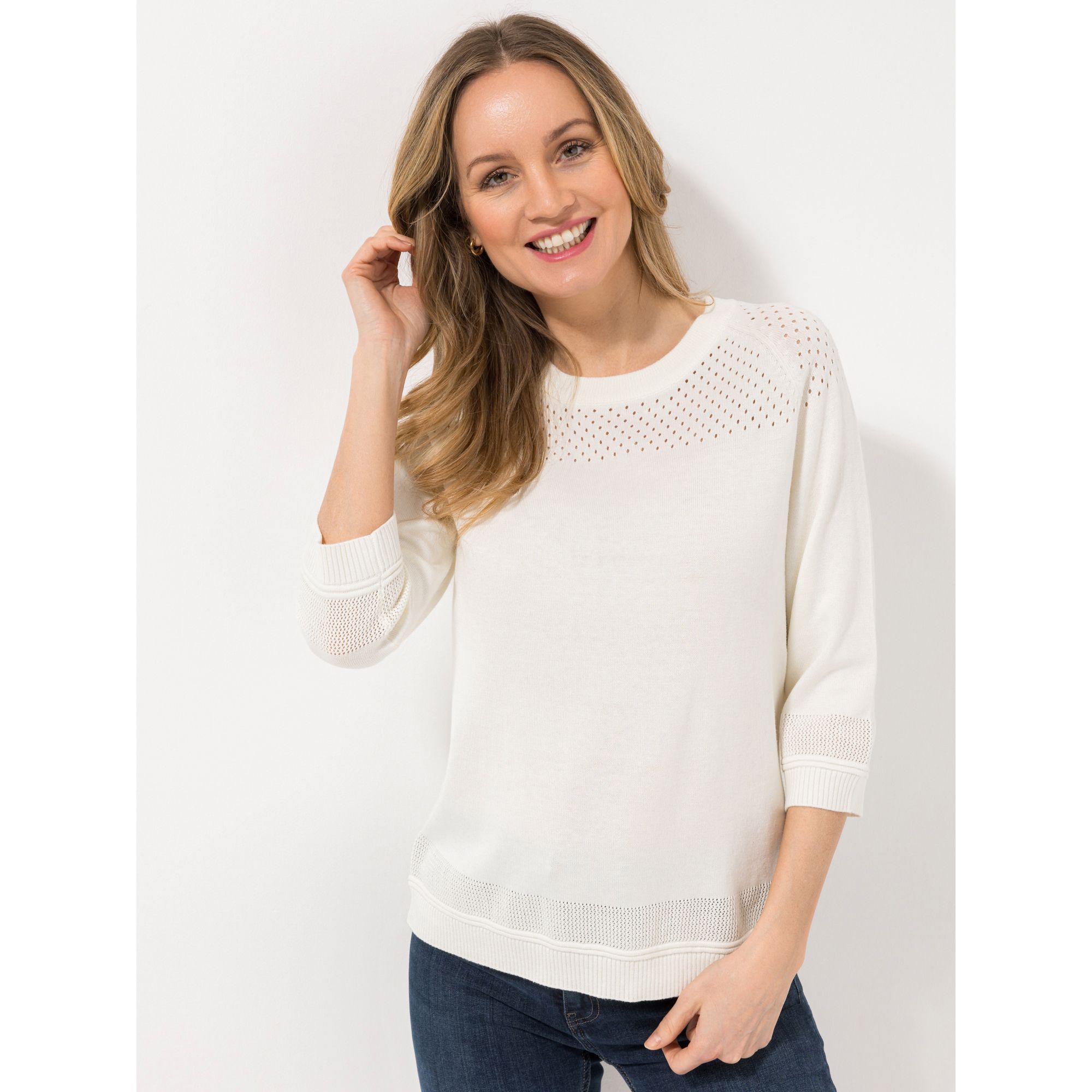 DENIM & CO. Pullover, 3/4-Arm Rundhalsausschnitt Raglanärmel Rippenbündchen