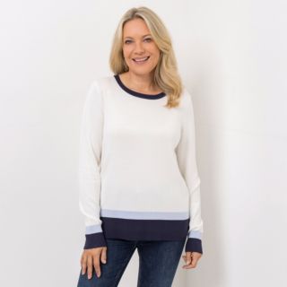 DENIM & CO. Pullover Rundhalsausschnitt Kontrastdetails figurumspielend