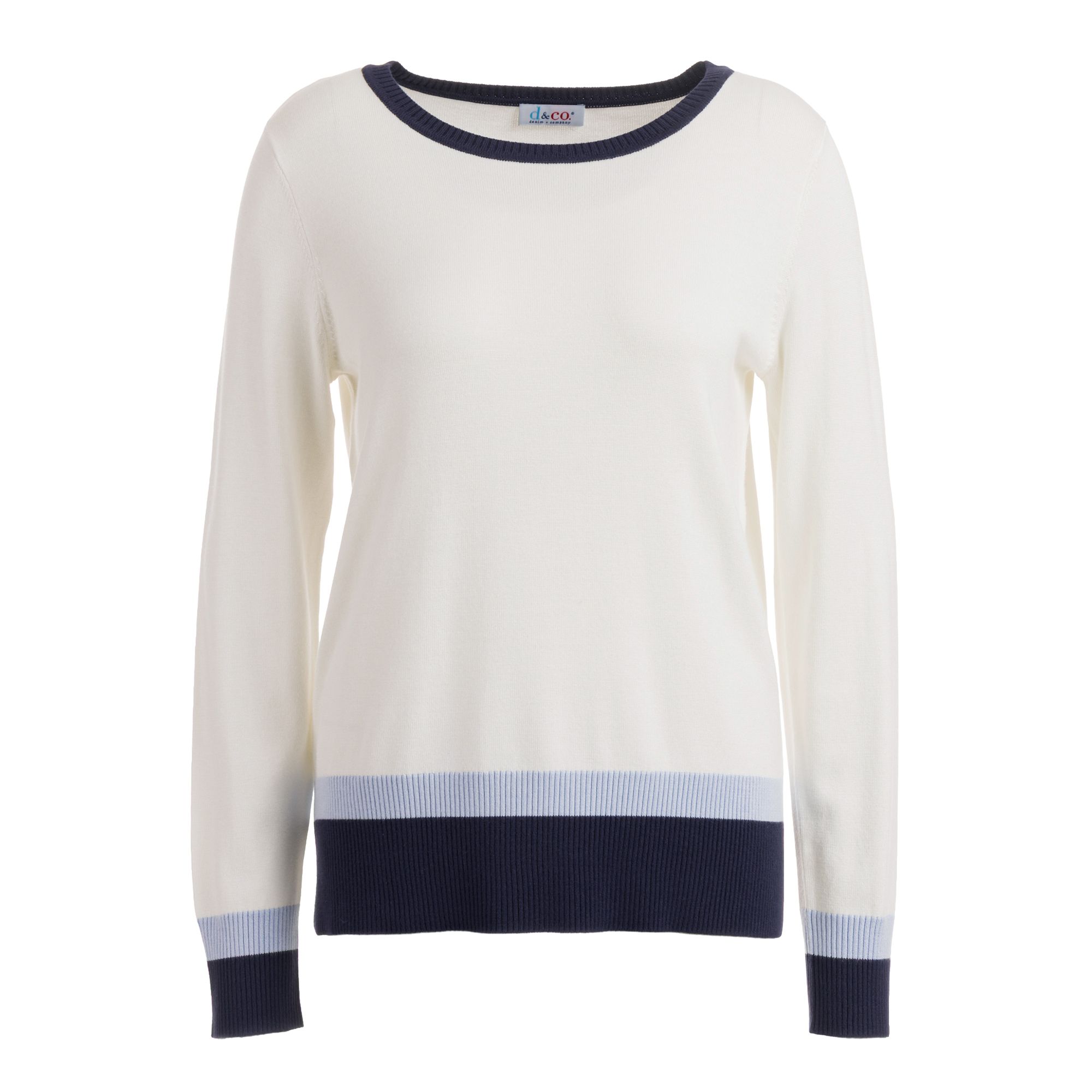 DENIM & CO. Pullover Rundhalsausschnitt Kontrastdetails figurumspielend