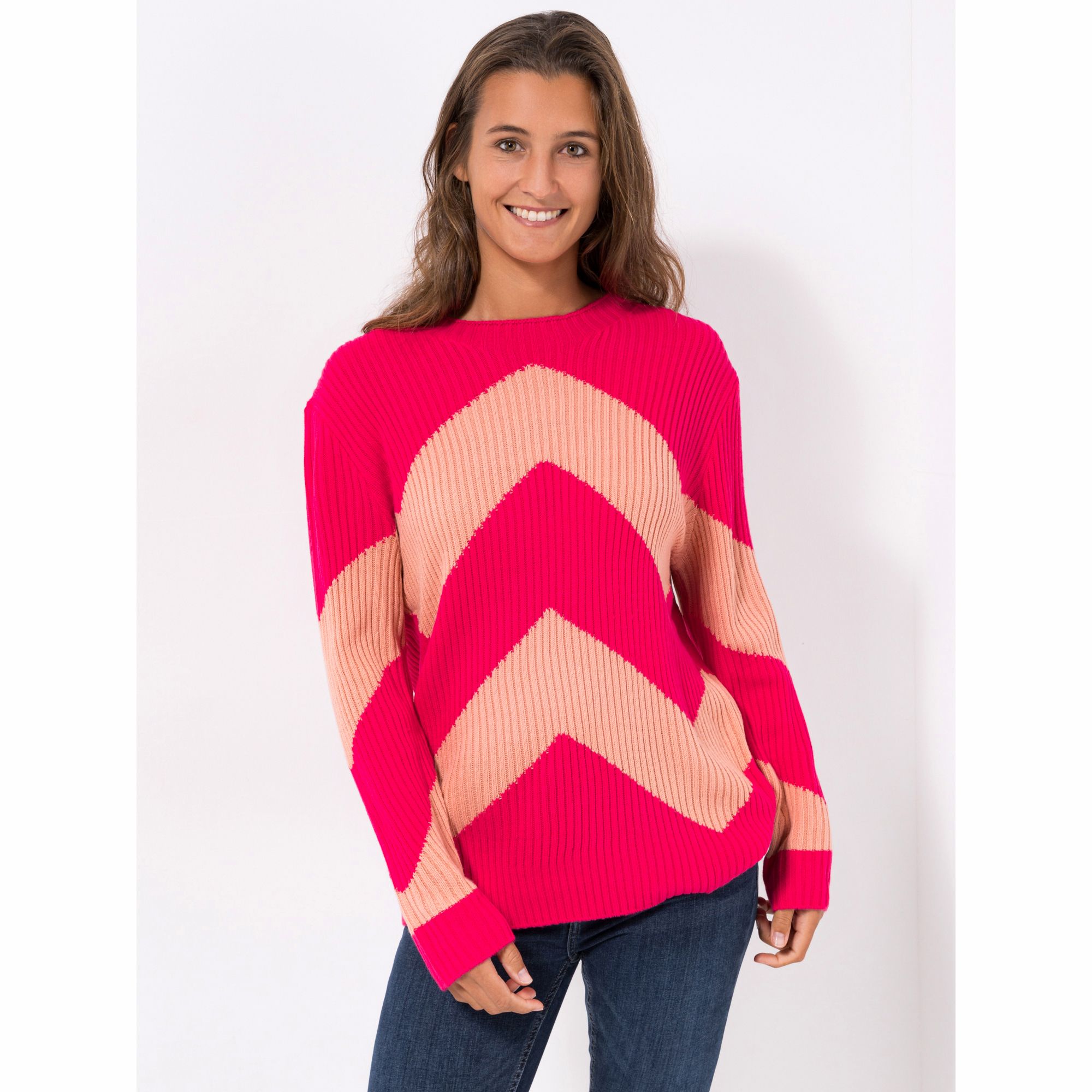 DENIM & CO. Pullover Rundhalsausschnitt Zick-Zack Intarsie figurumspielend