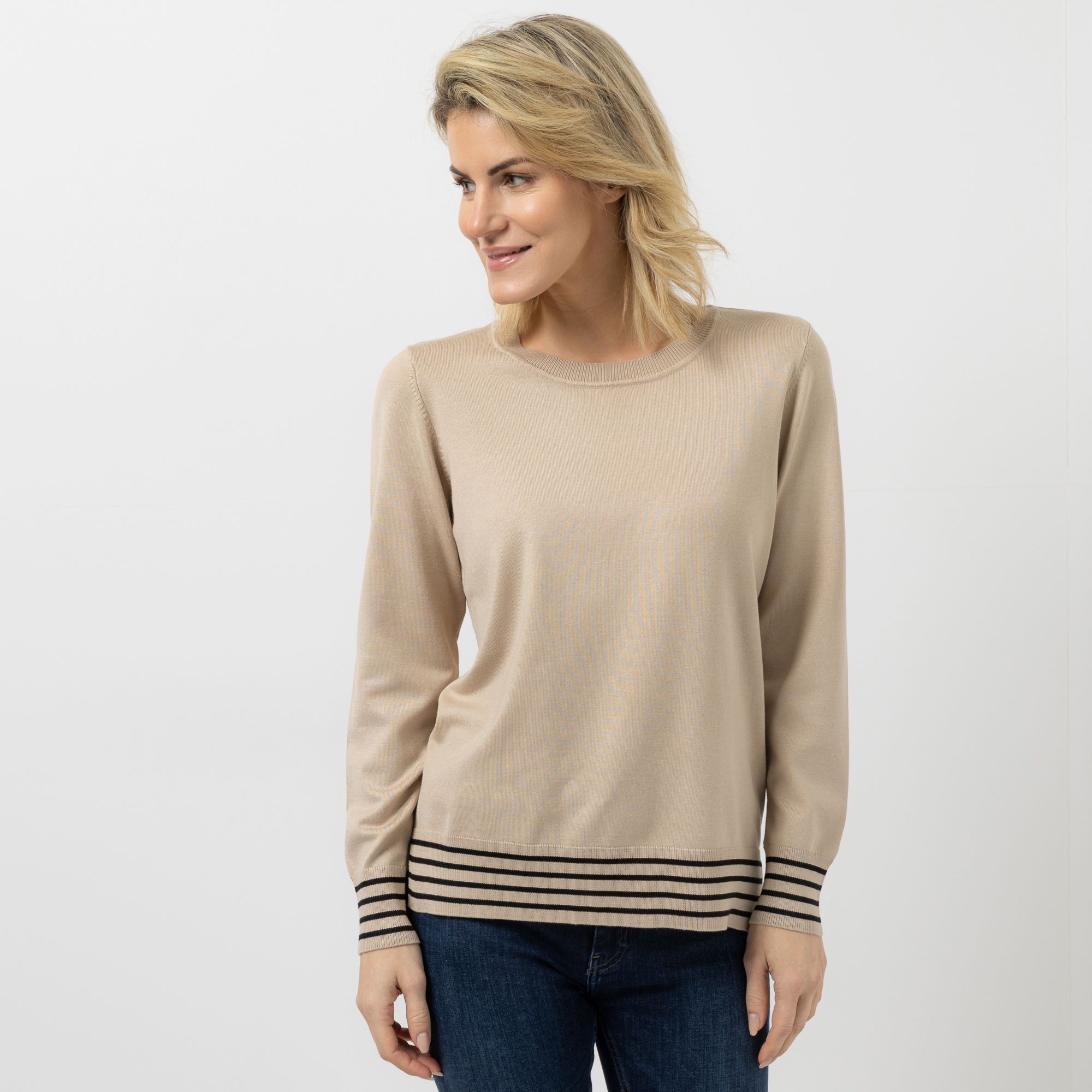 DENIM & CO. Pullover Rundhalsausschnitt Seitenschlitze Streifendetails