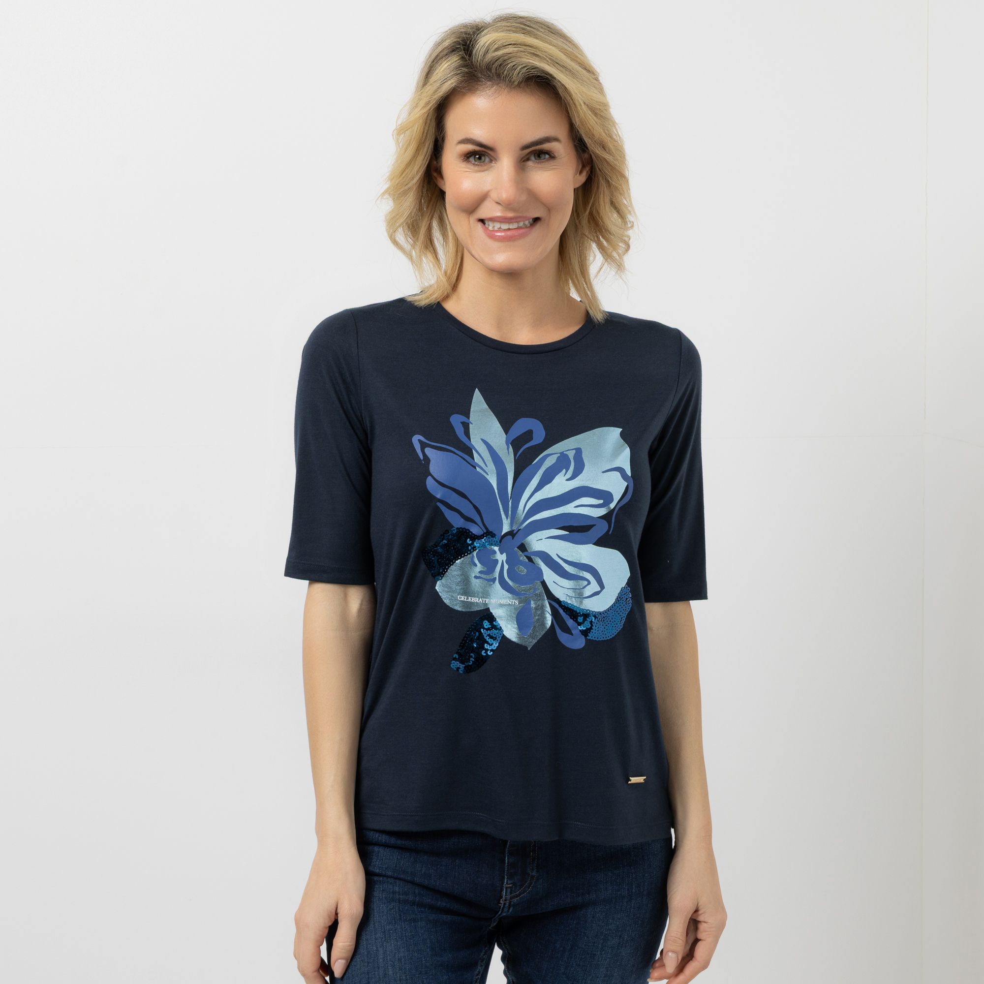 AMINATI® Shirt, langer 1/2-Arm Rundhalsausschnitt platzierter Druck Seitenschlitze