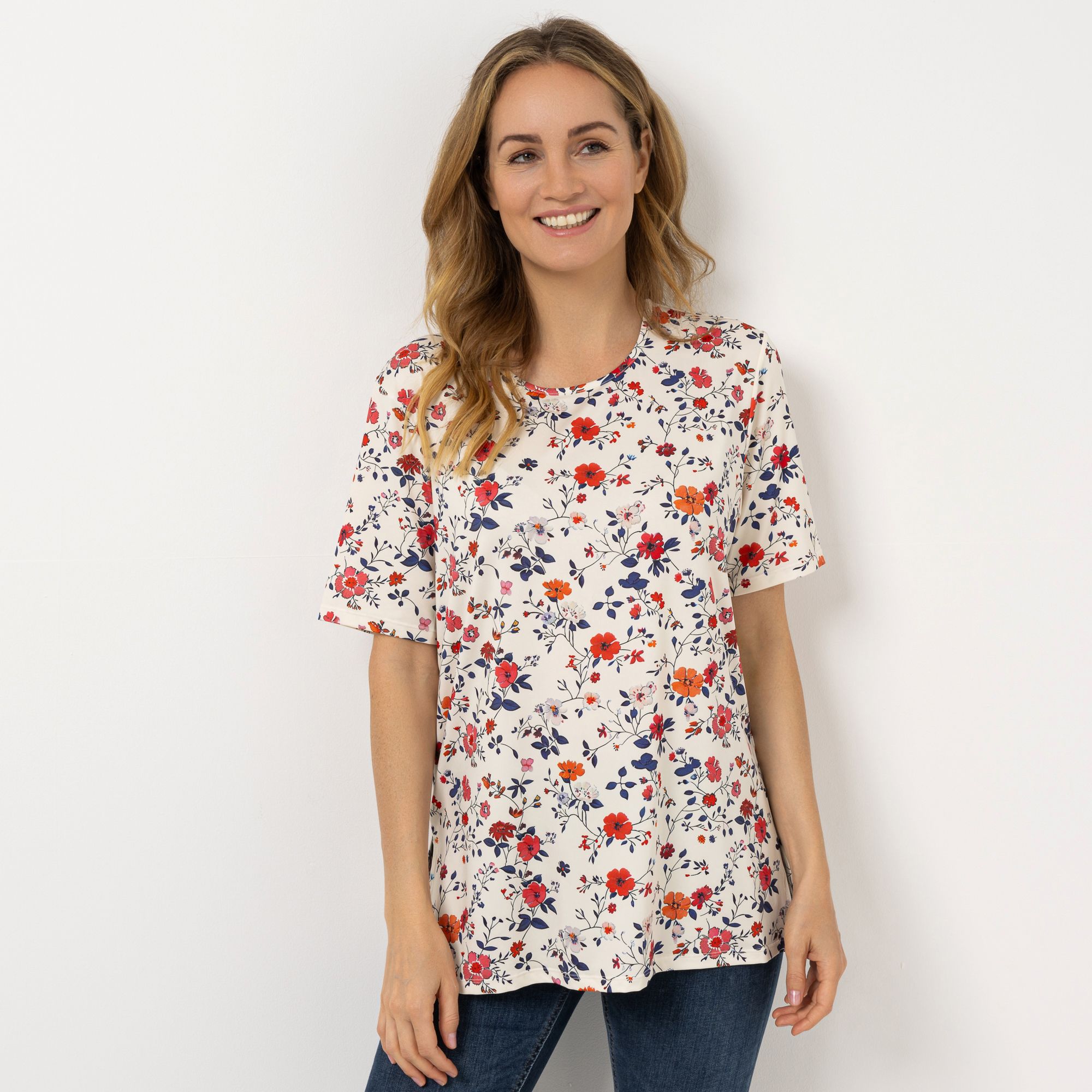 IN-PRINT Jersey-Shirt, 1/2-Arm Rundhalsausschnitt Seitenschlitze Leger weit