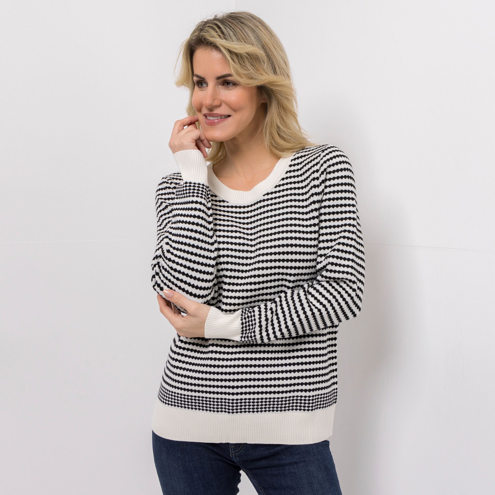 DENIM & CO. Pullover Rundhalsausschnitt Kontrastbündchen figurumspielend