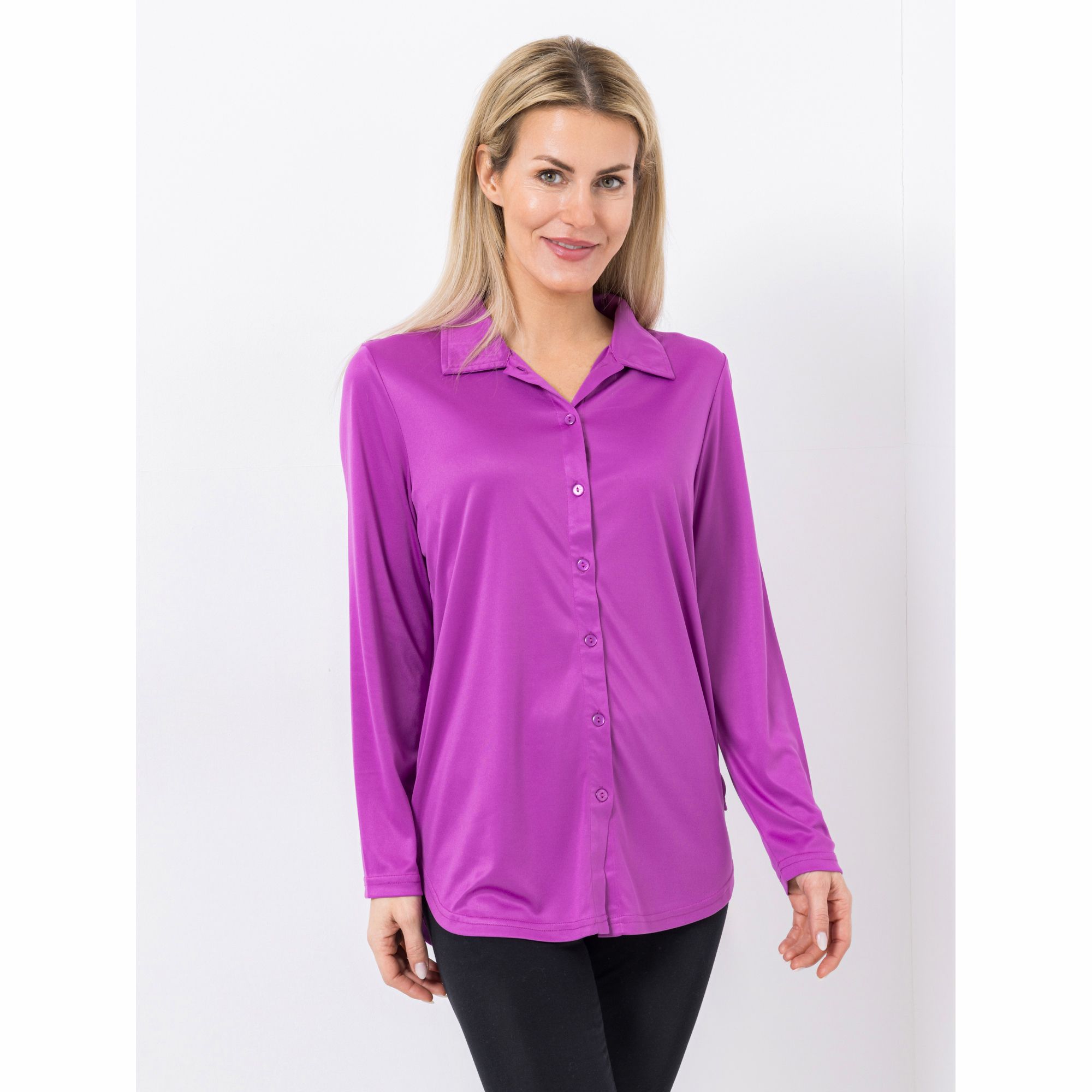 JERYMOOD HOMEWEAR Longbluse, 1/1-Arm Mikrofaser Knopfleiste abgerundeter Saum