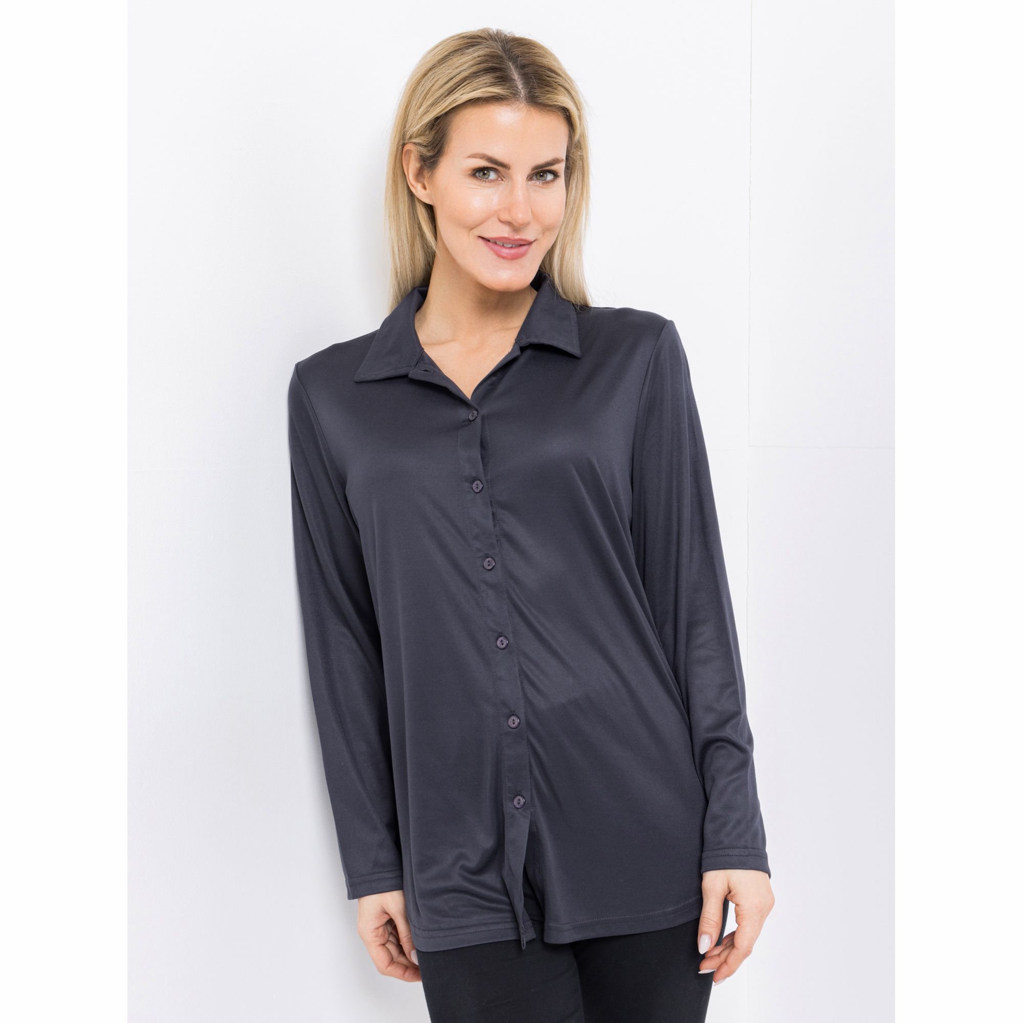 JERYMOOD HOMEWEAR Longbluse, 1/1-Arm Mikrofaser Knopfleiste abgerundeter Saum
