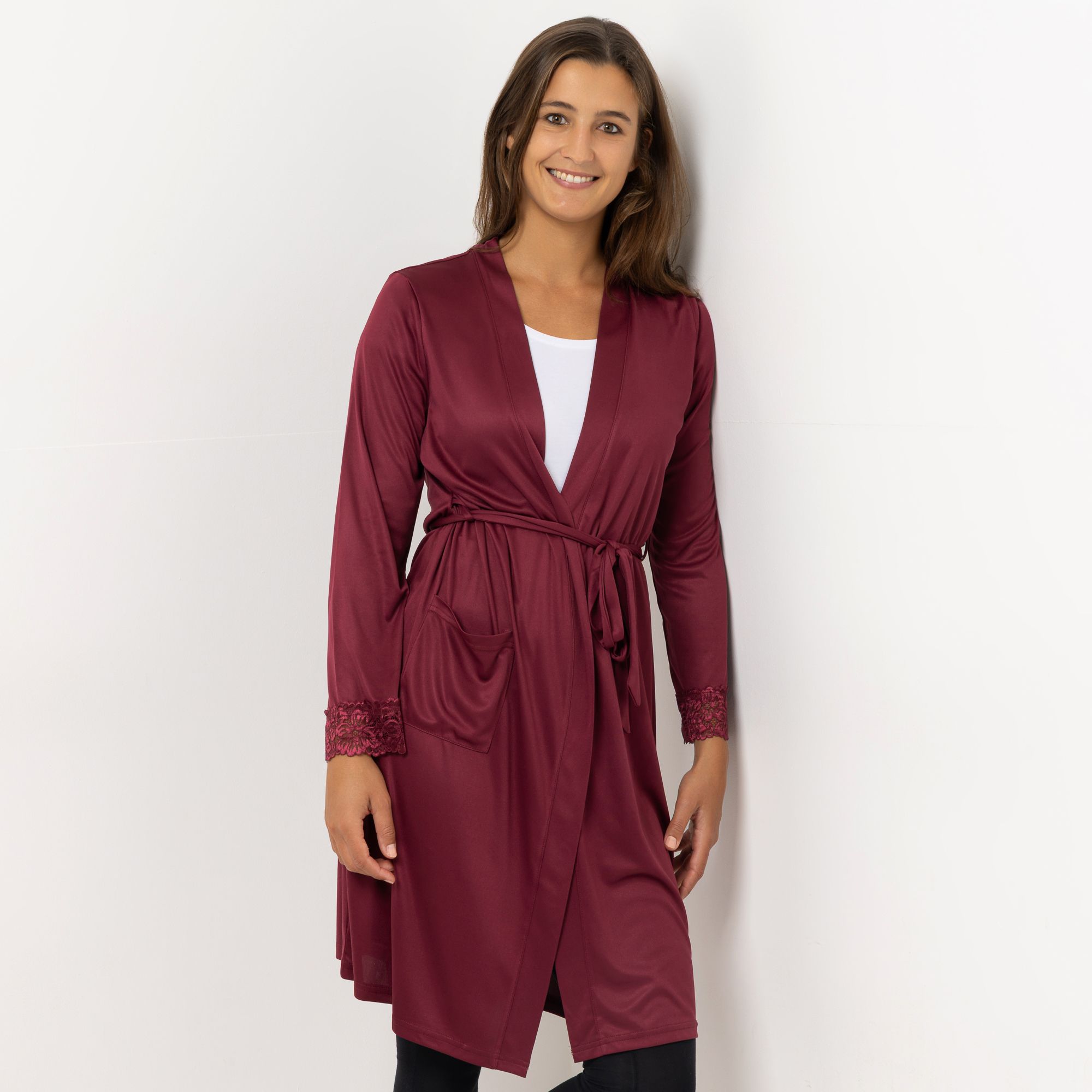 LITTLE ROSE Morgenmantel Mikrofaser Tasche Spitzendetails