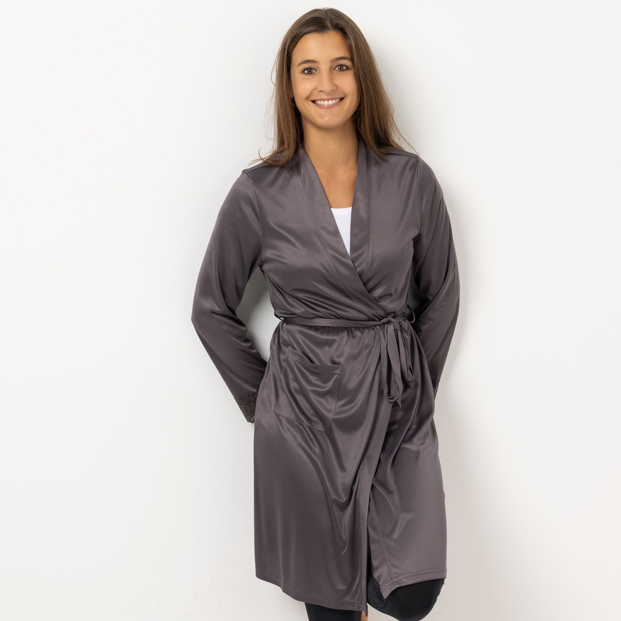 LITTLE ROSE Morgenmantel Mikrofaser Tasche Spitzendetails