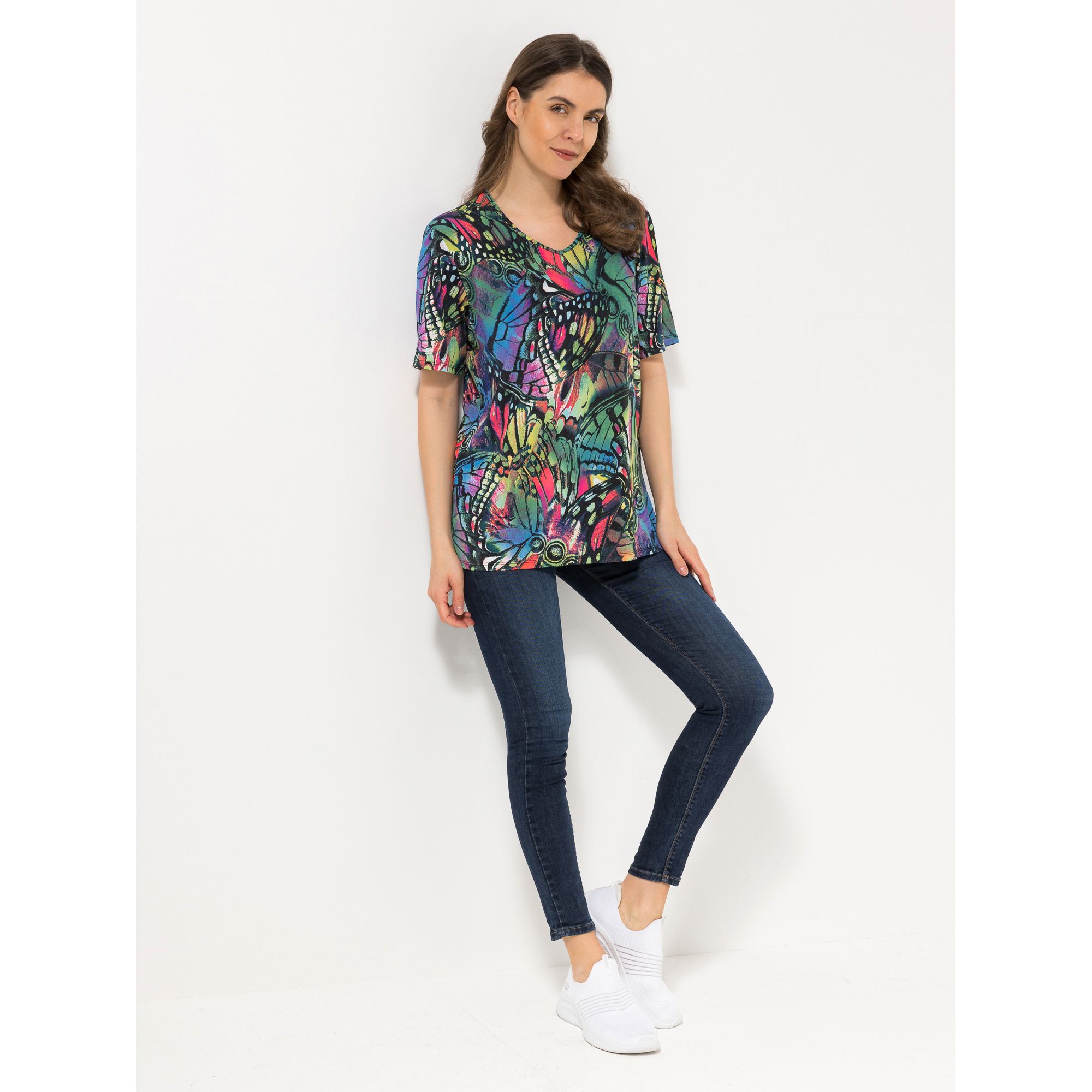 IN-PRINT Shirt, 1/2-Arm V-Ausschnitt Seitenschlitze Alloverdruck