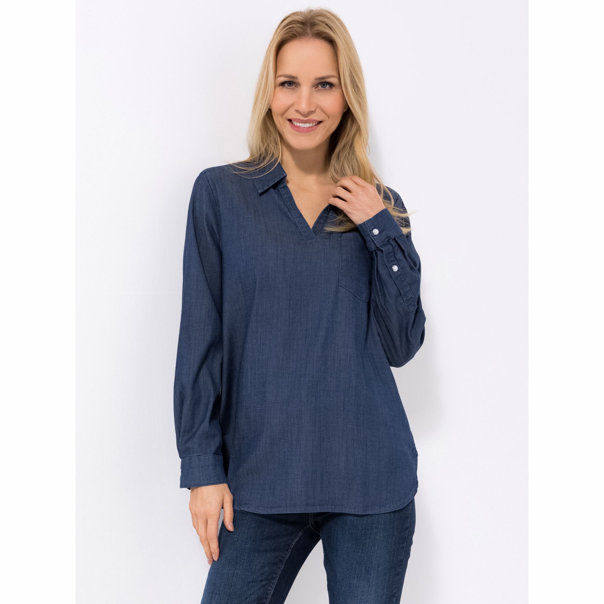 DENIM & CO. Bluse, Jeansoptik Zierausschnitt Brusttasche Quetschfalte
