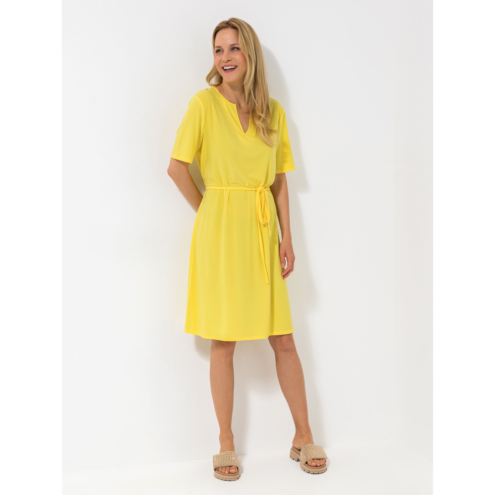 DENIM & CO. Kleid, 1/2-Arm V-Ausschnitt Bindeband knieumspielend