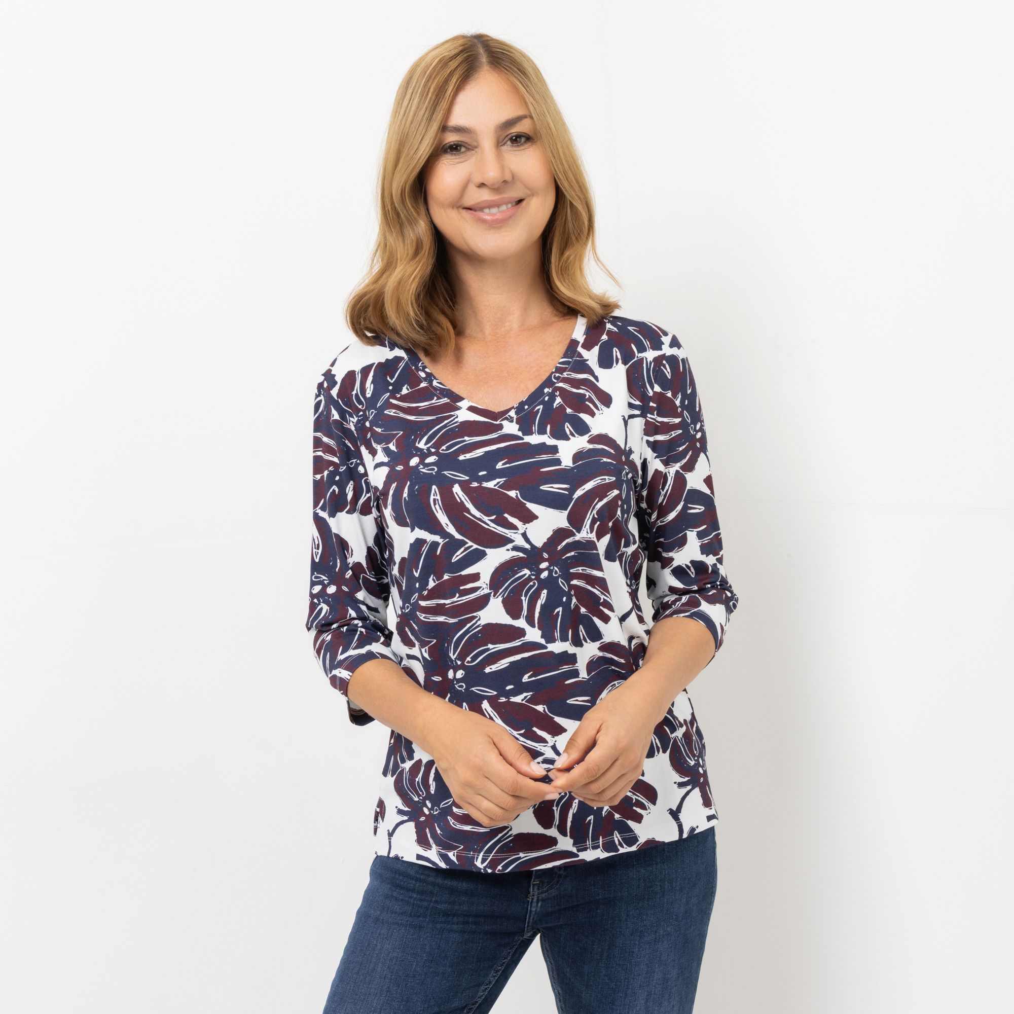 DENIM & CO. Shirt, 3/4-Arm V-Ausschnitt Seitenschlitze Allover-Druck