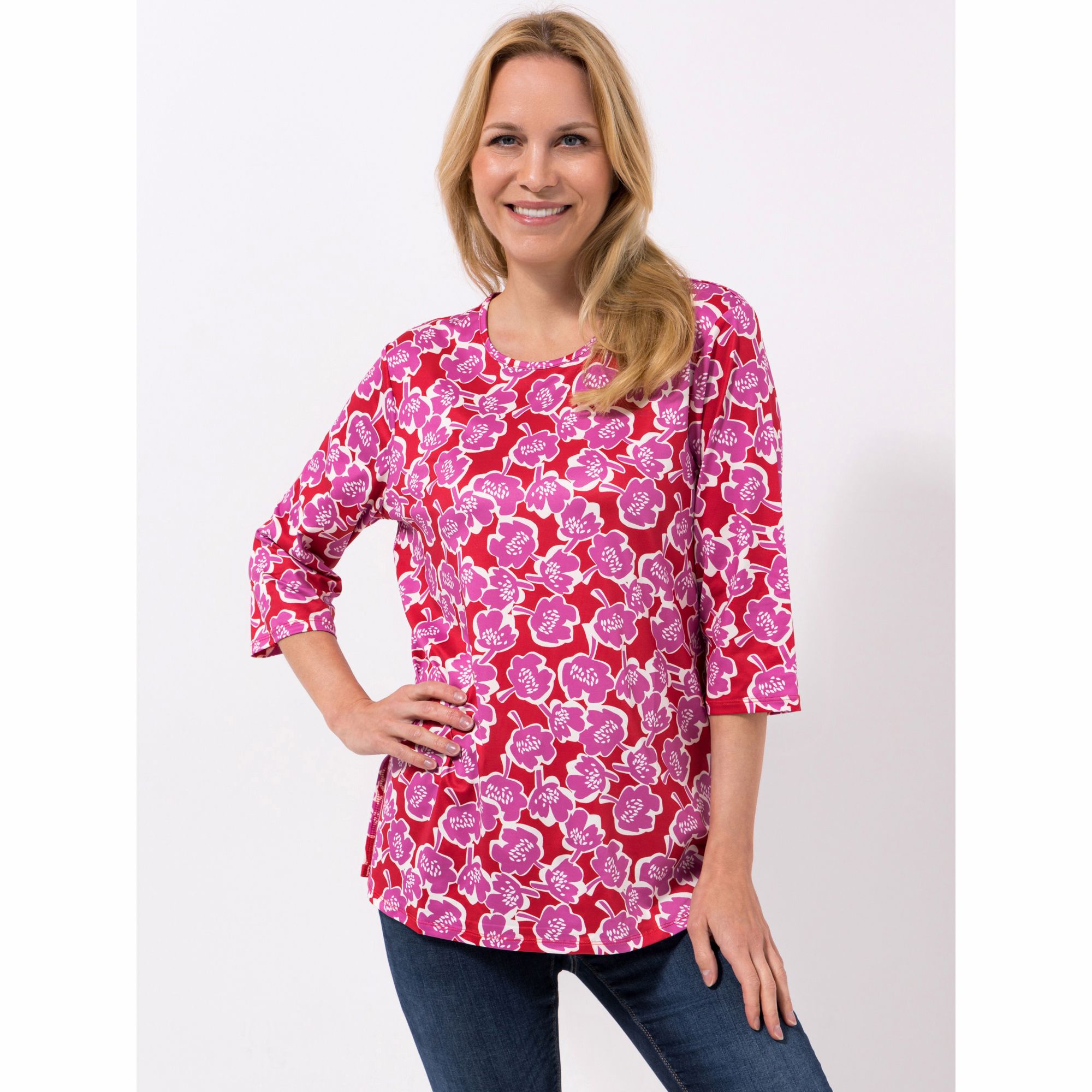 IN-PRINT Shirt, 3/4-Arm Rundhalsausschnitt Seitenschlitze leger-weit