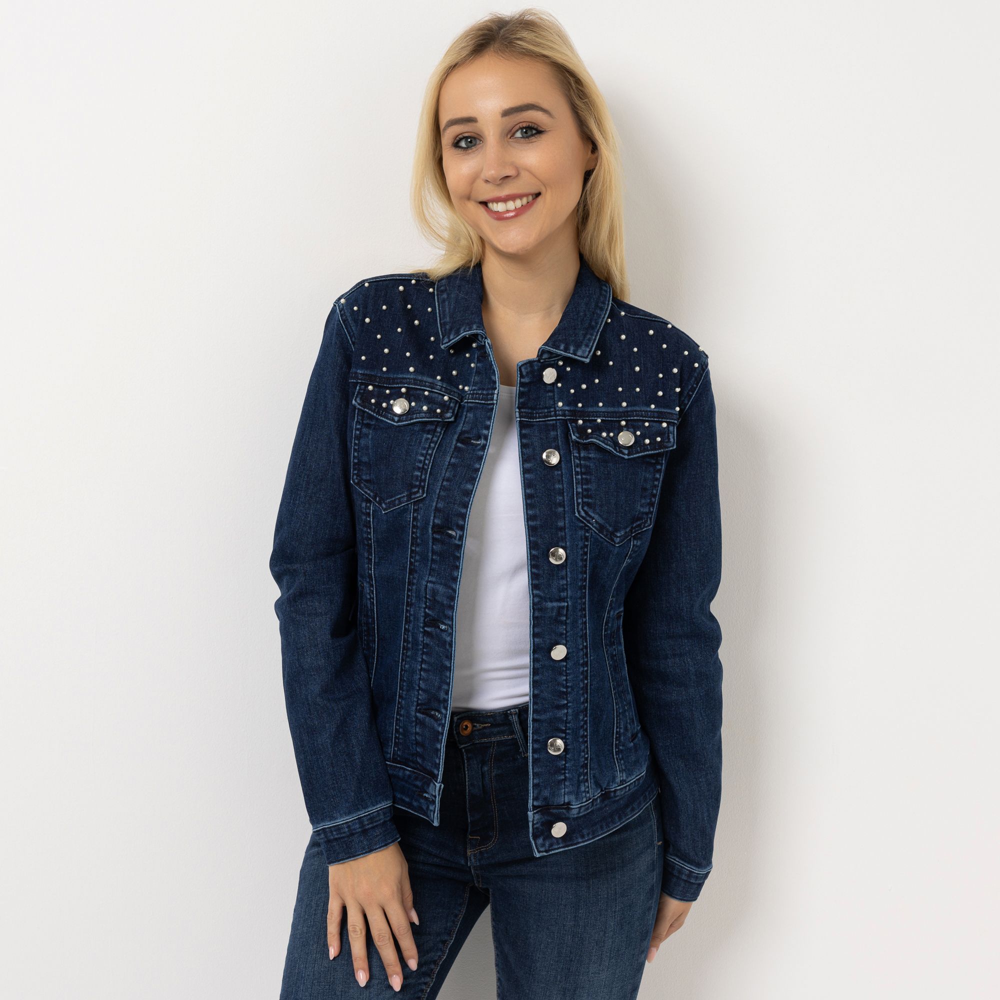 VIA MILANO Jeansjacke Knopfleiste 28% REPREVE®Fasern Perlen-Details