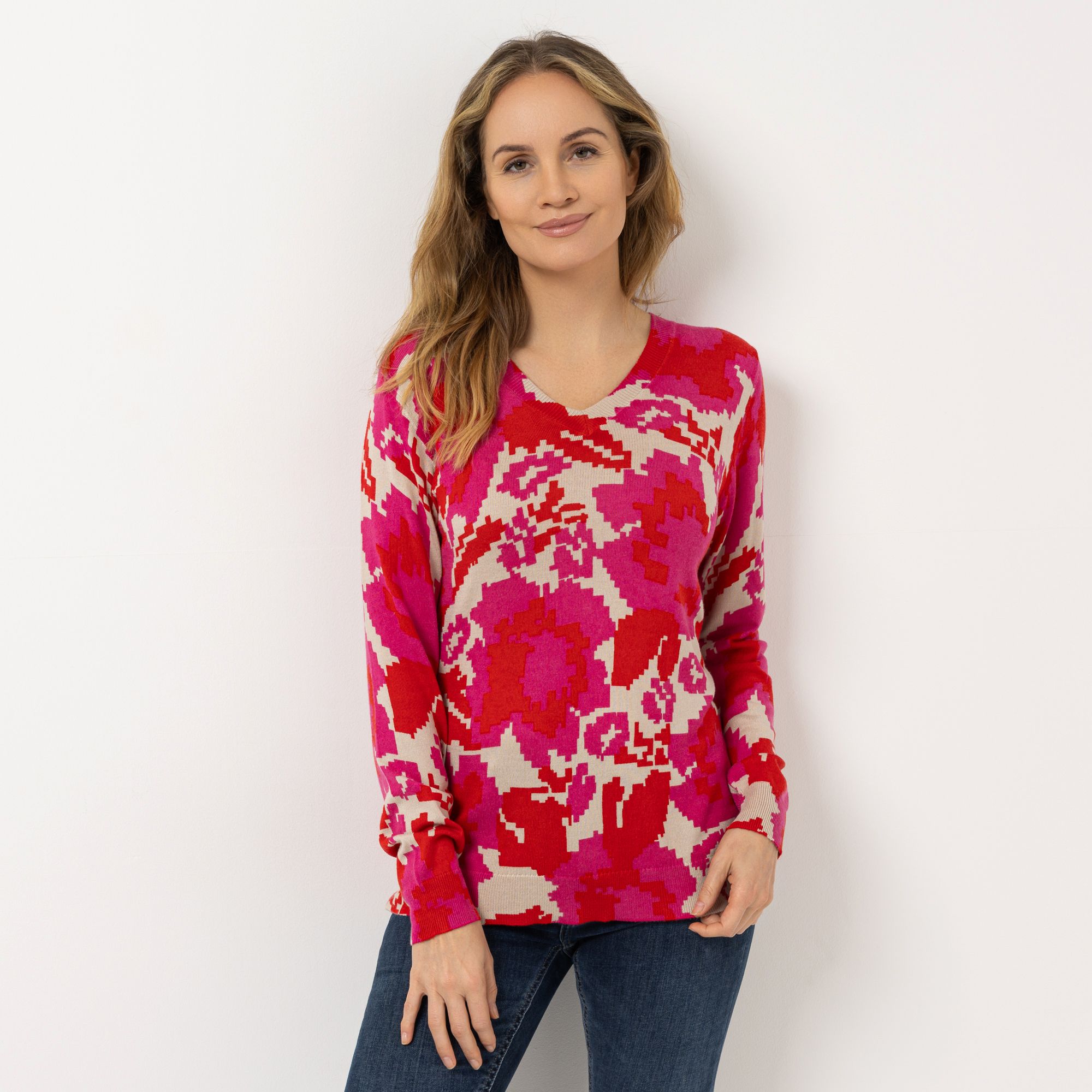 CASHMASOFT Pullover, 1/1-Arm V-Ausschnitt Cashmeregriff Allover-Druck