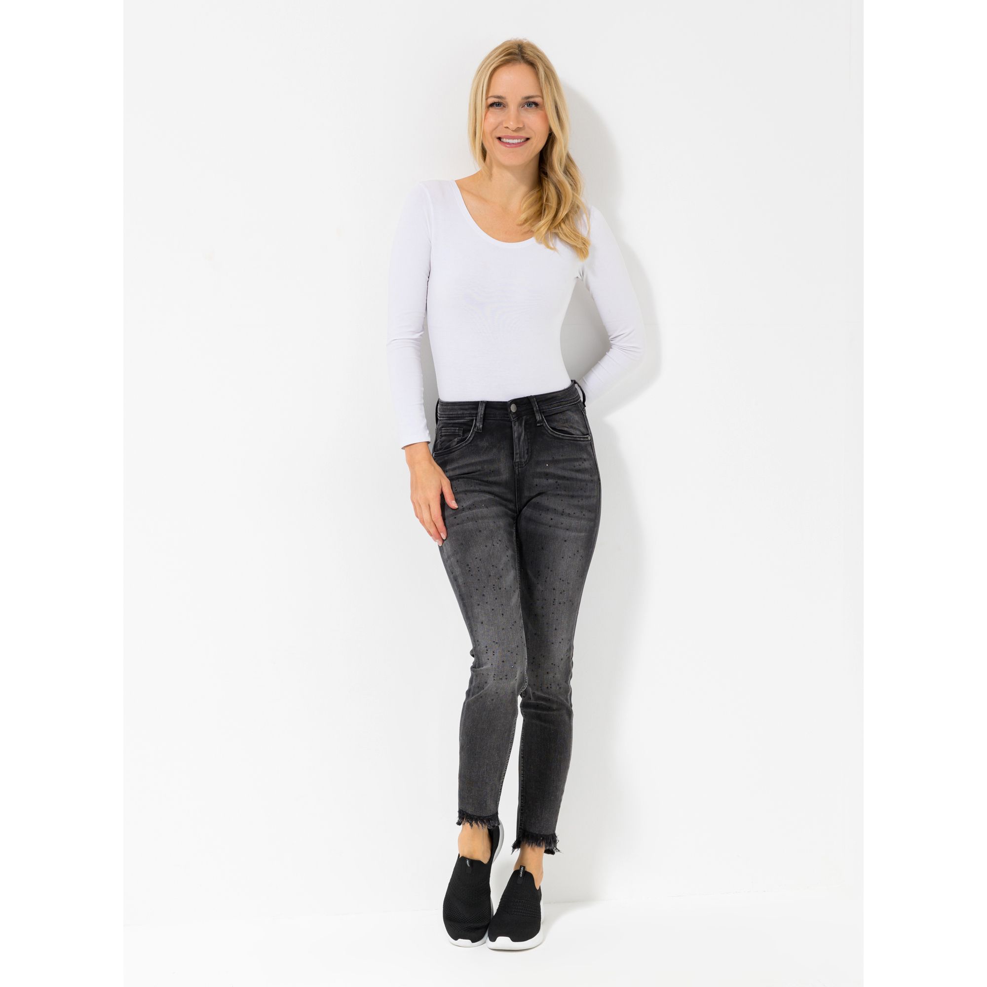 VIA MILANO Jeans, knöchellang 5-Pocket-Form Strasssteine Fransensaum