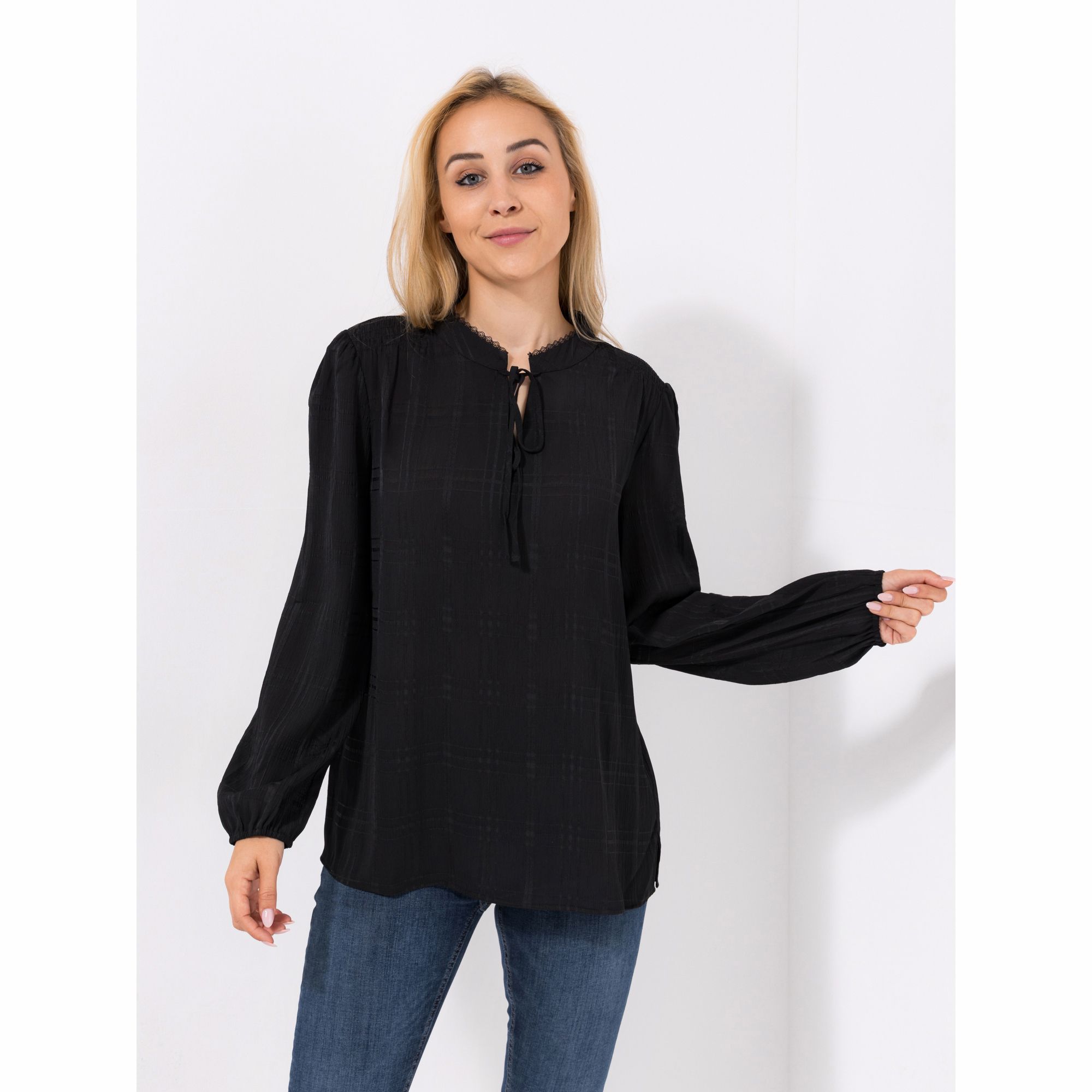 VIA MILANO Bluse, 1/1-Arm mit Gummizug Stehkragen mit Bindeband