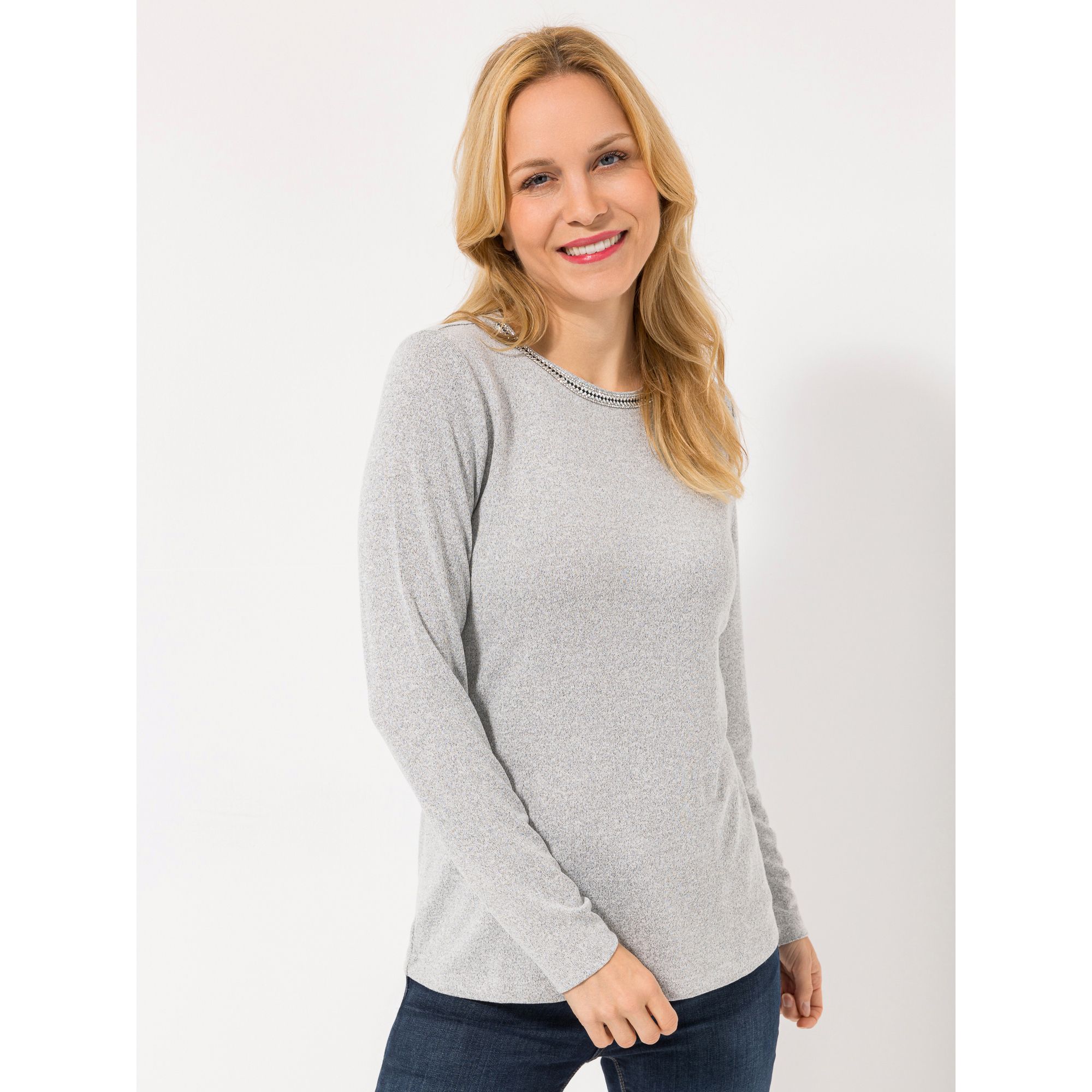 DENIM & CO. Pullover Rundhalsausschnitt mit Zierband figurumspielend