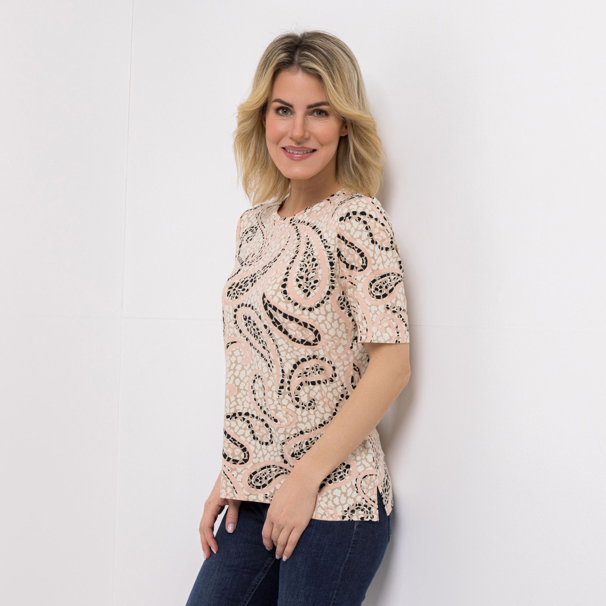 DENIM & CO. Shirt, 1/2-Arm Rundhalsausschnitt Allover-Druck figurumspielend