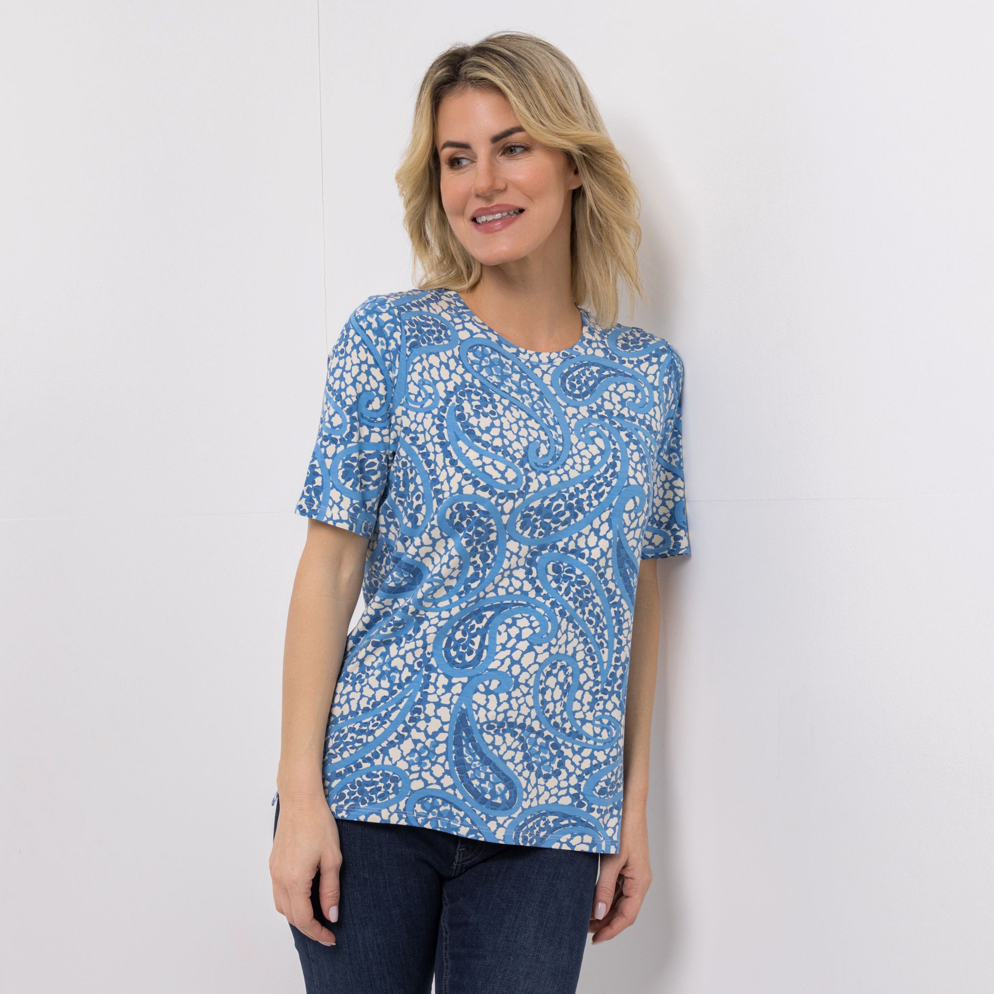 DENIM & CO. Shirt, 1/2-Arm Rundhalsausschnitt Allover-Druck figurumspielend