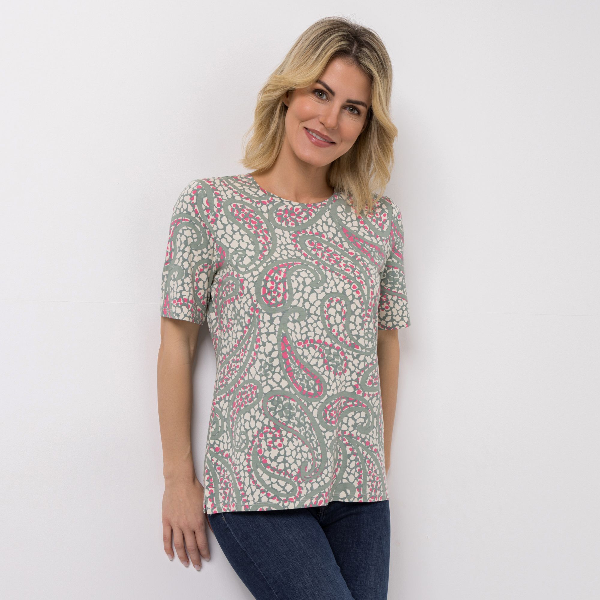 DENIM & CO. Shirt, 1/2-Arm Rundhalsausschnitt Allover-Druck figurumspielend