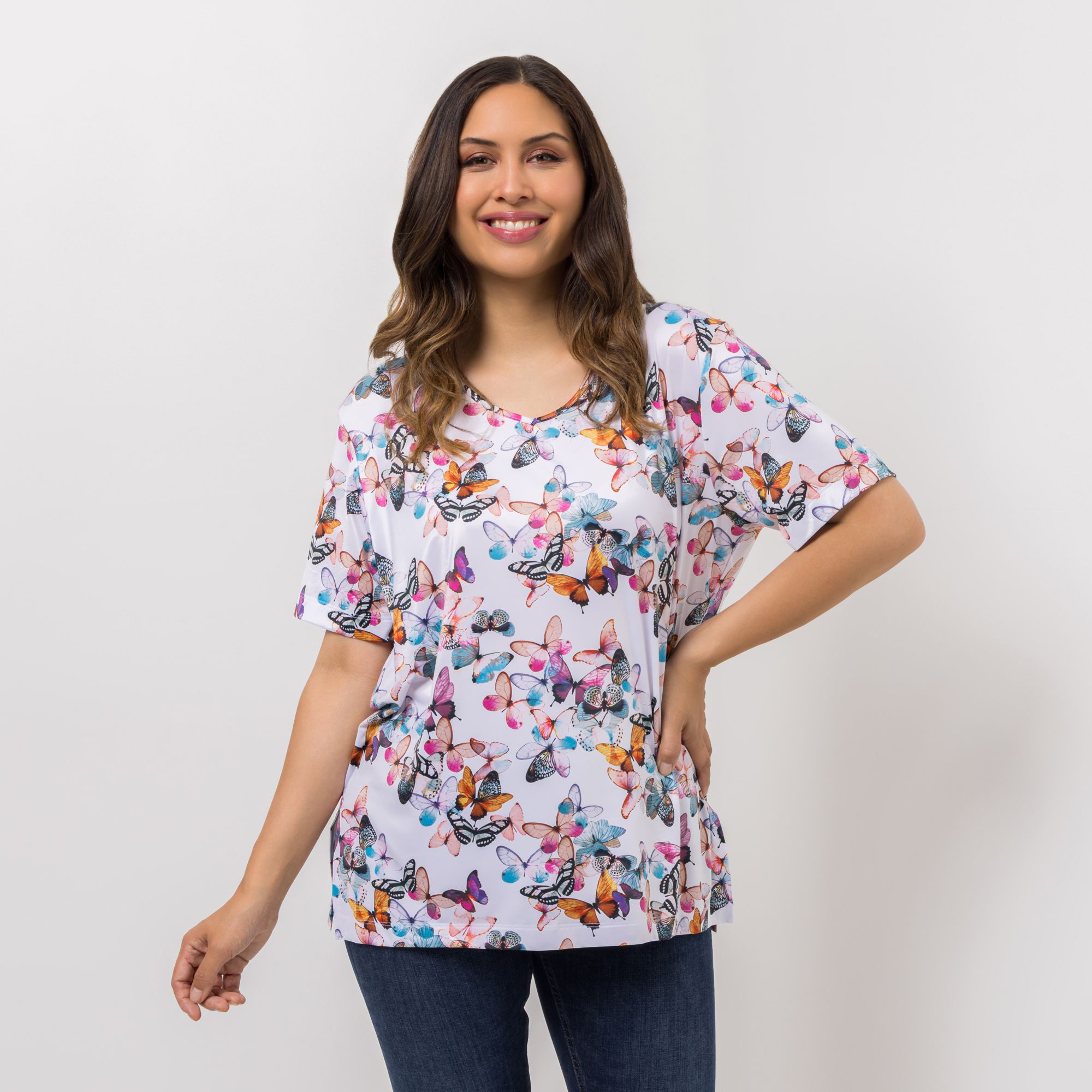 IN-PRINT Shirt, 1/2-Arm V-Ausschnitt Seitenschlitze
