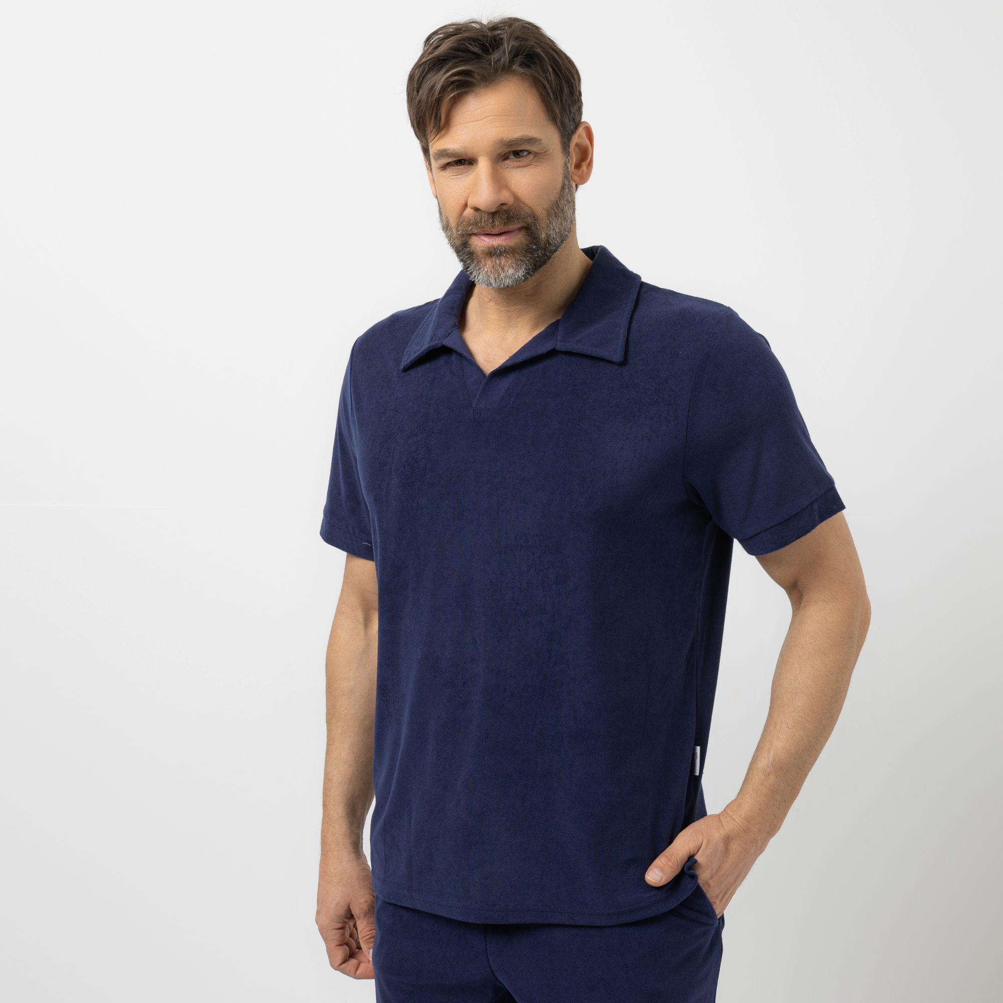 MEN'S TOUCH Poloshirt V-Ausschnitt Frottee mit Seitenschlitzen