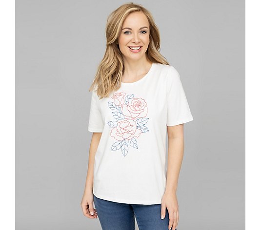 DENIM & CO. Shirt 1/2-Arm Rundhalsausschnitt Blumenstickerei
