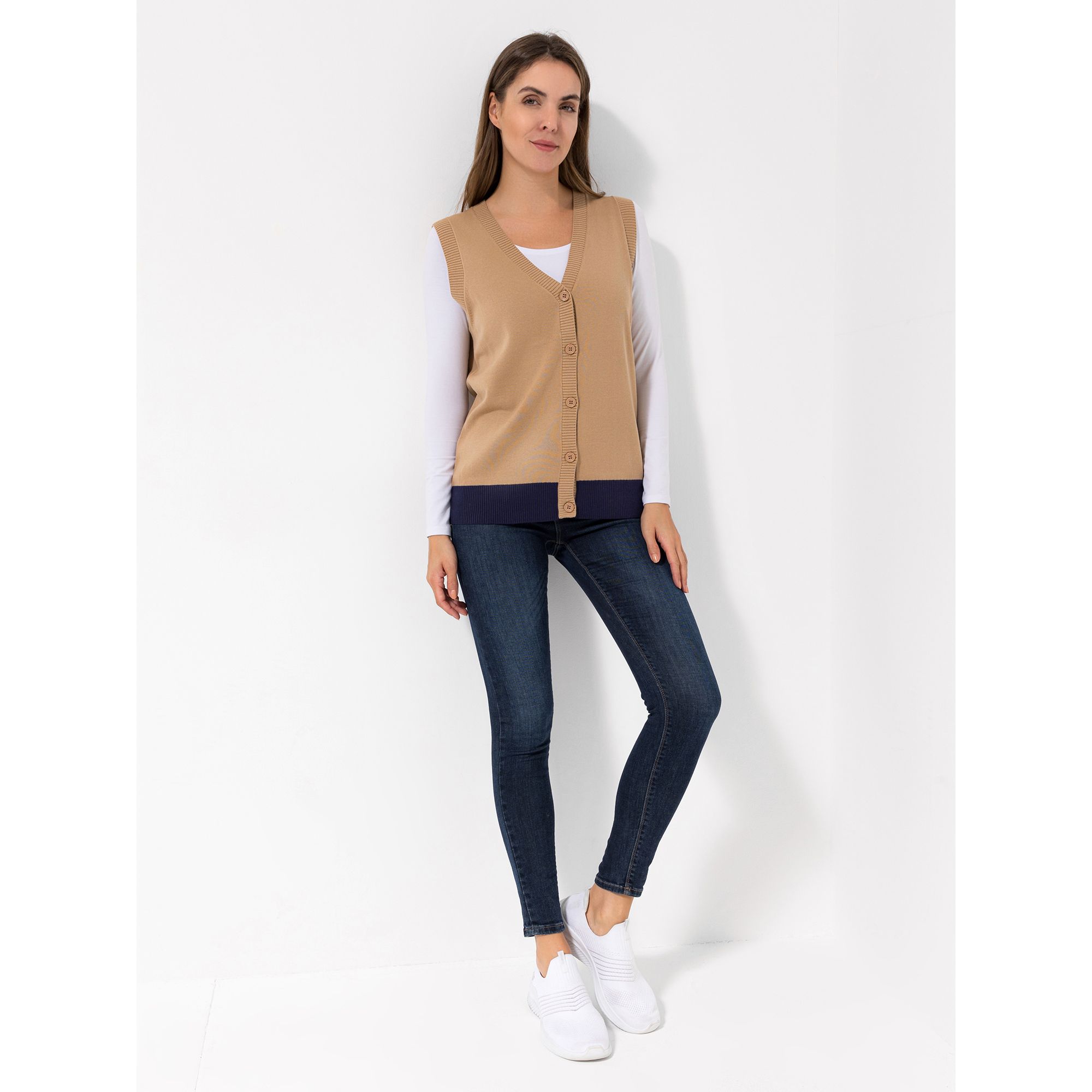 DENIM & CO. Strickweste, ärmellos V-Ausschnitt Knopfleiste Kontrastsaum