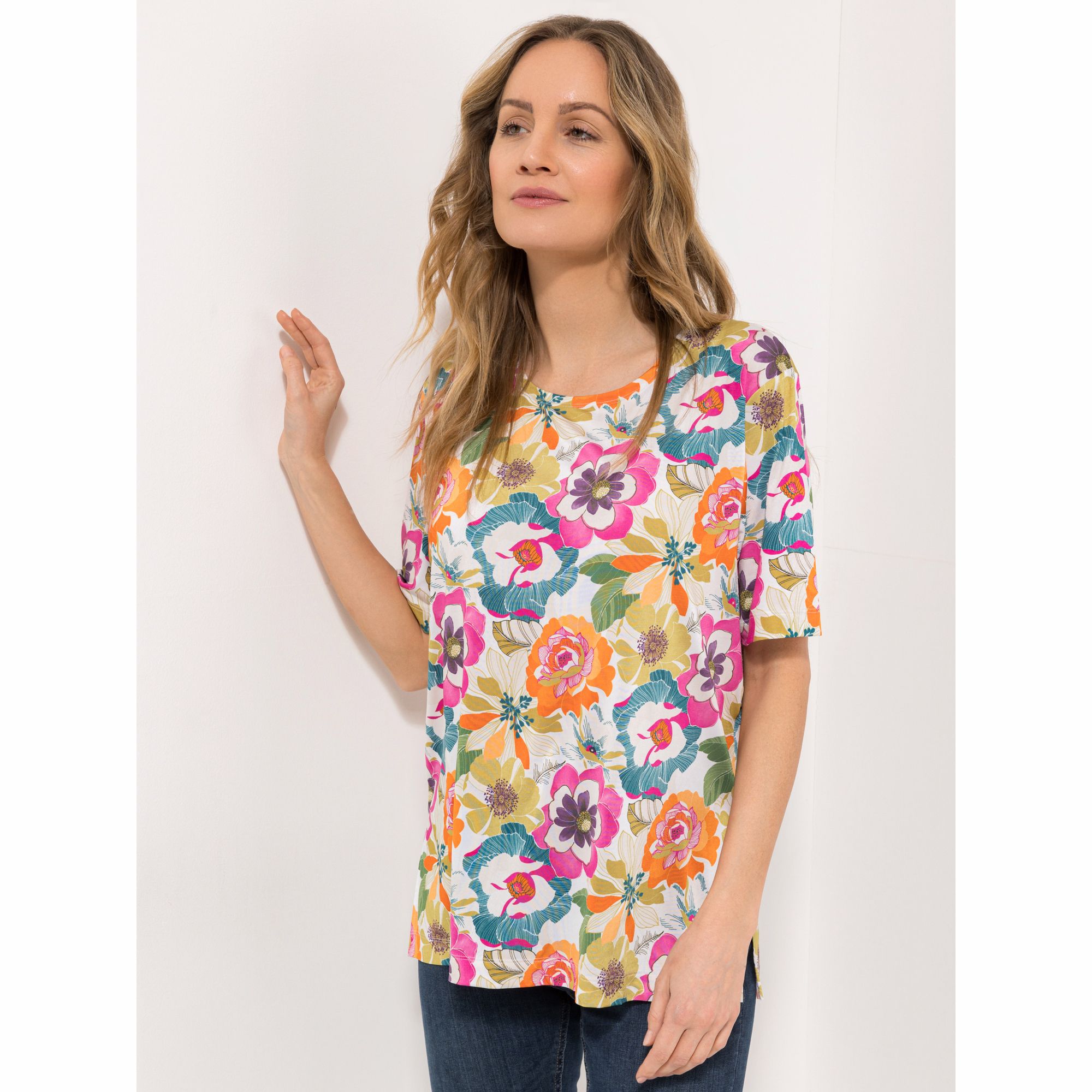 IN-PRINT Shirt, 1/2-Arm Rundhalsausschnitt Seitenschlitze Blumendruck