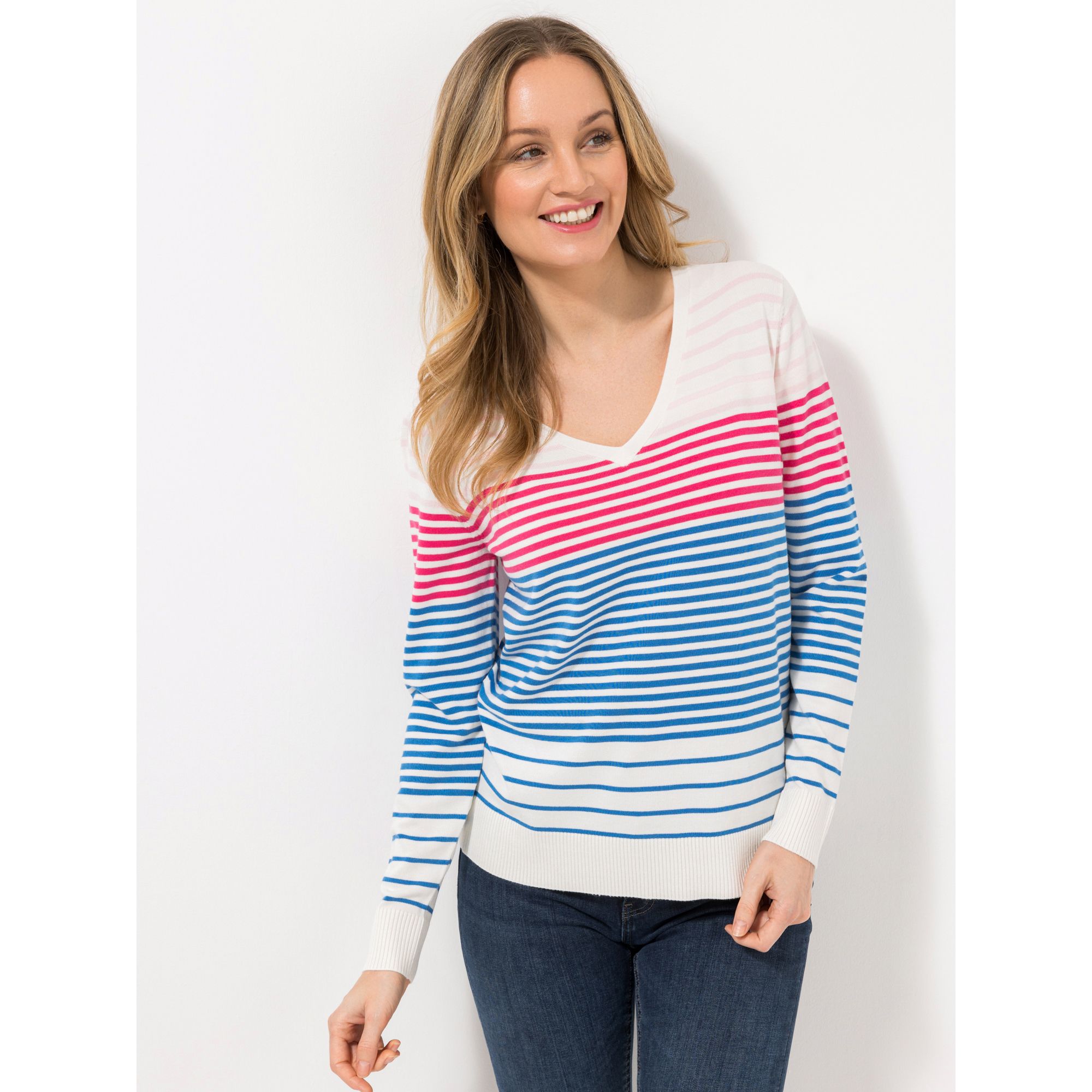 DENIM & CO. Pullover, 1/1-Arm V-Ausschnitt Rippenbündchen Streifen Optik