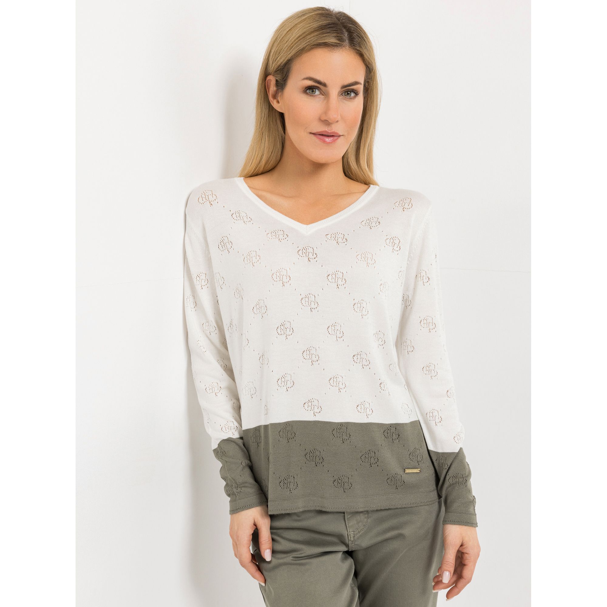 AMINATI® Pullover, 1/1-Arm V-Ausschnitt Kontrastbündchen Ajour-Muster