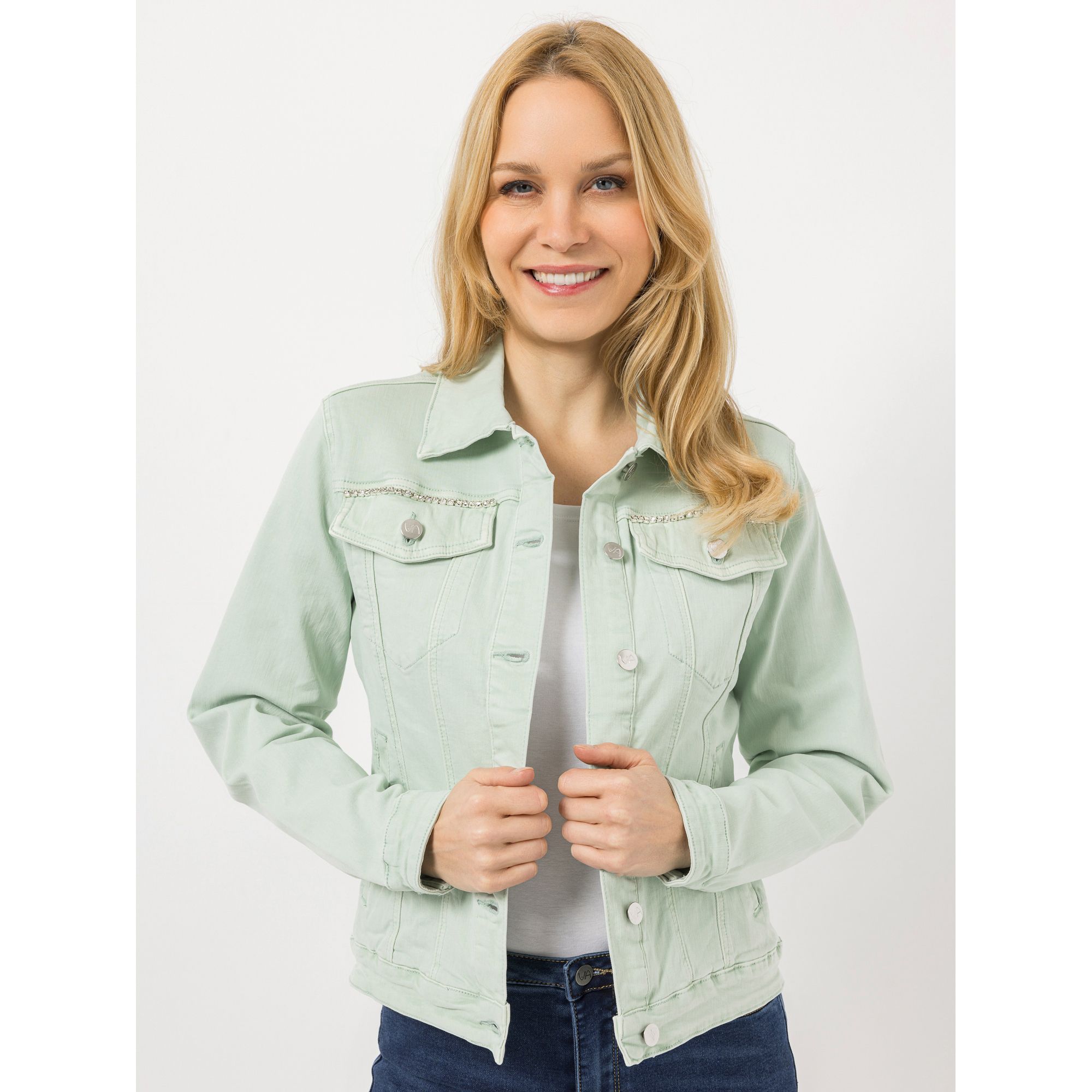 VIA MILANO Jeansjacke. 1/1-Arm Knopfleiste Strass-Details Eingriffstaschen